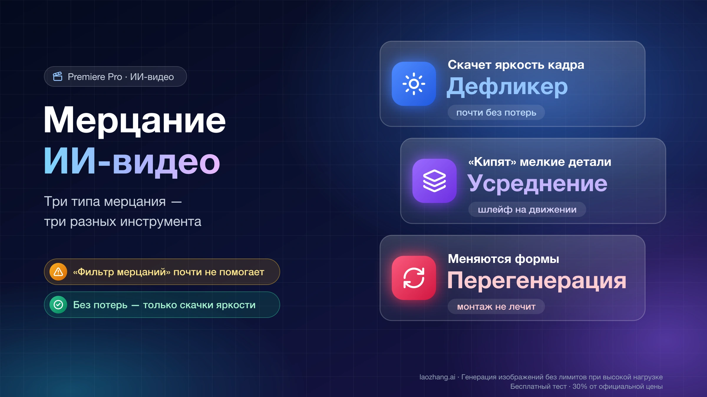 Три типа мерцания ИИ-видео и что на них действует: скачки яркости — дефликер, дрожание деталей — усреднение, изменение форм — перегенерация
