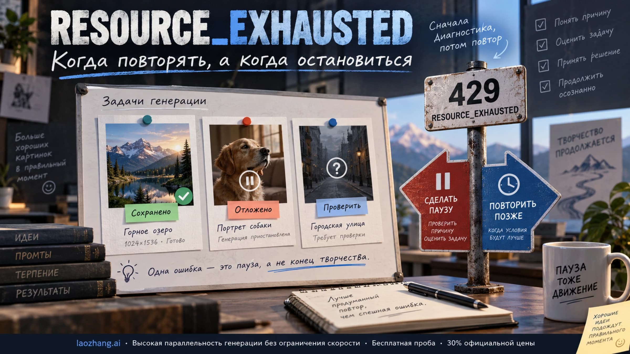 Ошибка RESOURCE_EXHAUSTED: остановка, отложенный повтор и сохранённые задания изображения