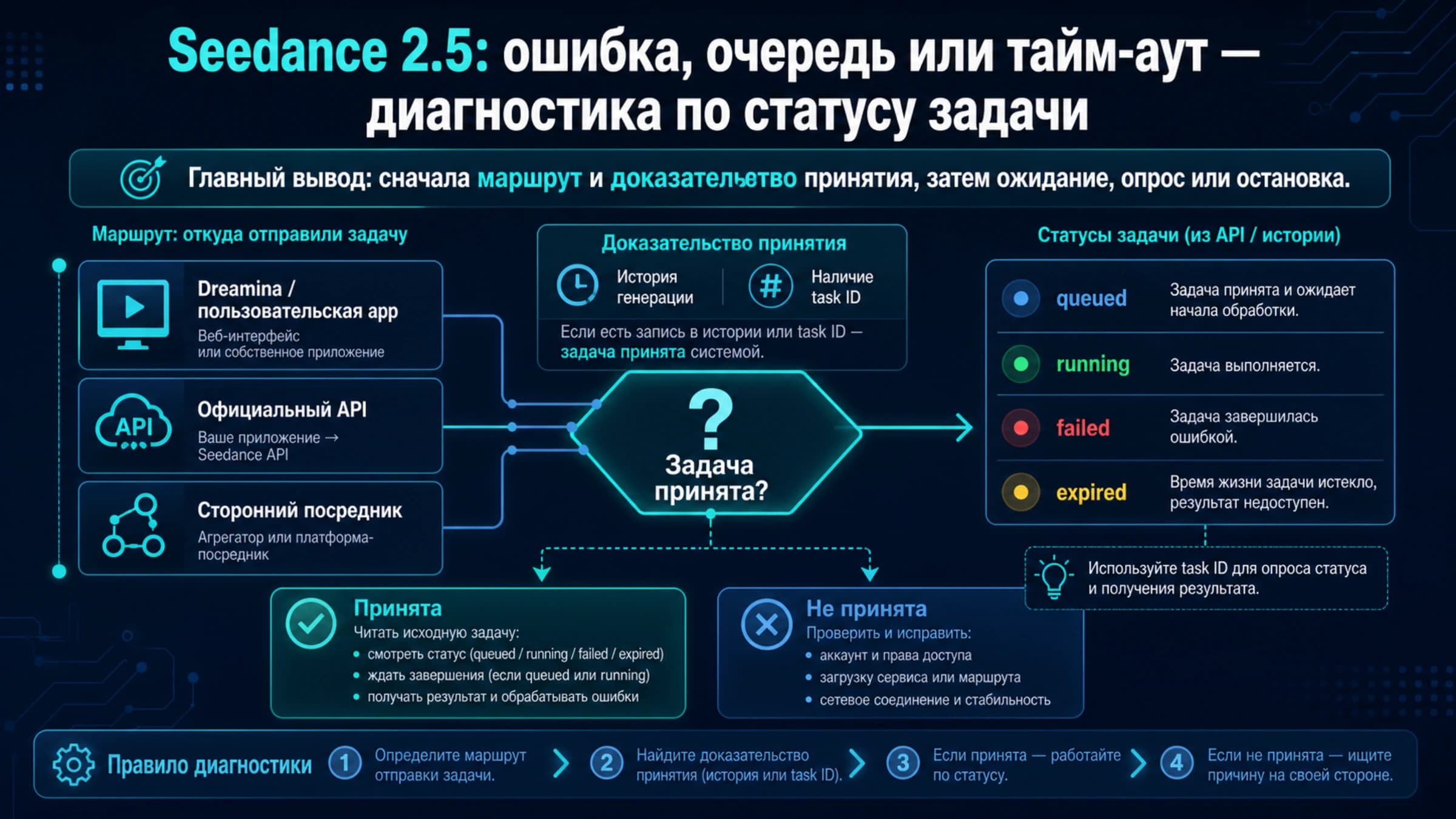 Схема диагностики Seedance 2.5 и 2.0 по Dreamina, официальному API и стороннему маршруту