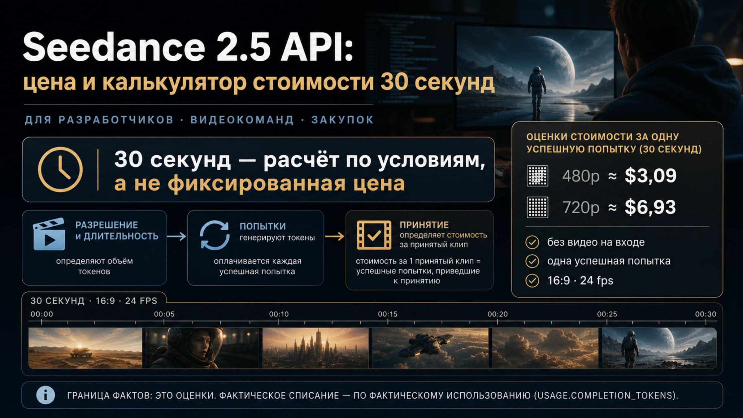 Расчёт цены 30-секундного видео Seedance 2.5 от тарифа токенов до принятого ролика