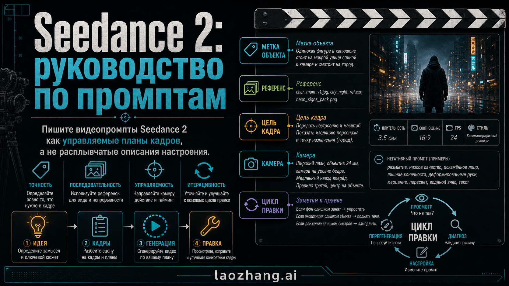 Русская обложка гайда Seedance 2 с метками субъектов, референсами, целью кадра и циклом правки