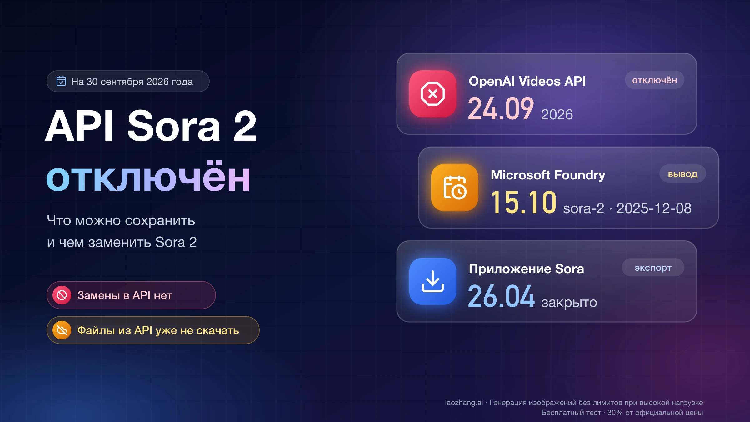 API Sora 2 отключён: OpenAI Videos API — 24.09.2026, вывод в Microsoft Foundry — 15.10, приложение Sora закрыто 26.04 с экспортом