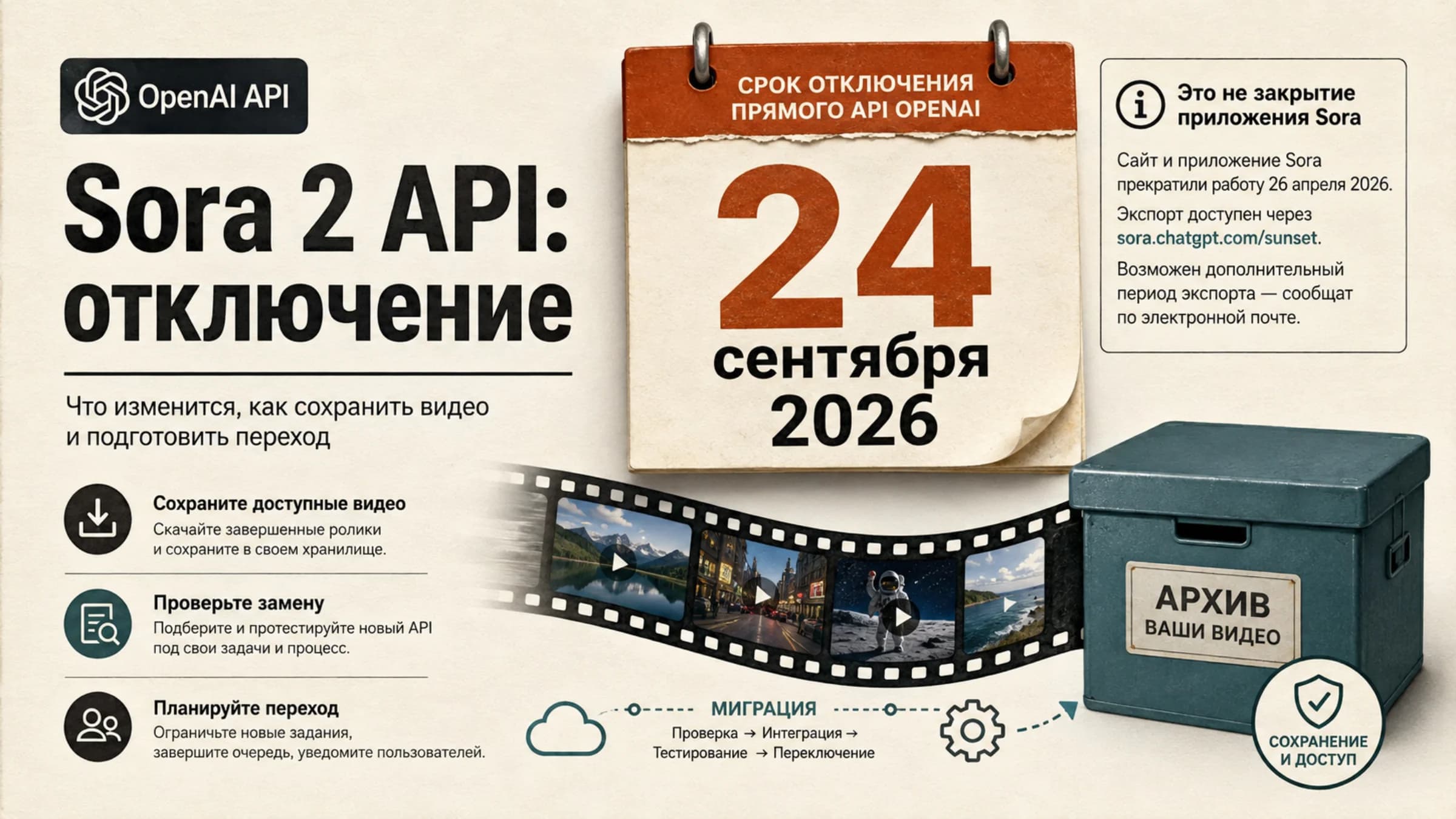 Календарь с датой отключения API Sora 2 — 24 сентября 2026 года — и сохранение видеоматериалов