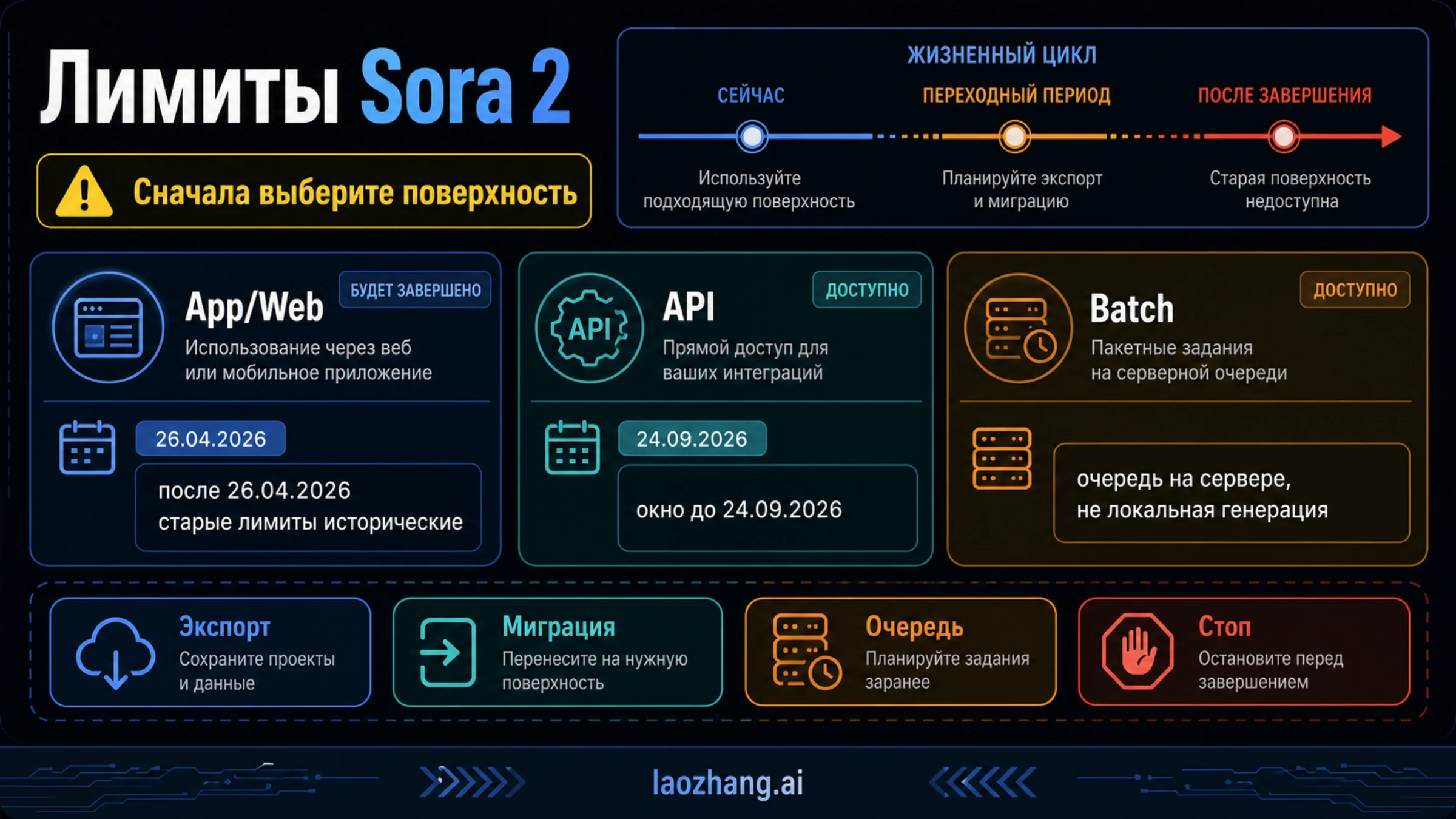 Информационная схема Sora 2 о старых лимитах приложения, окне API, Batch-очереди и экспорте