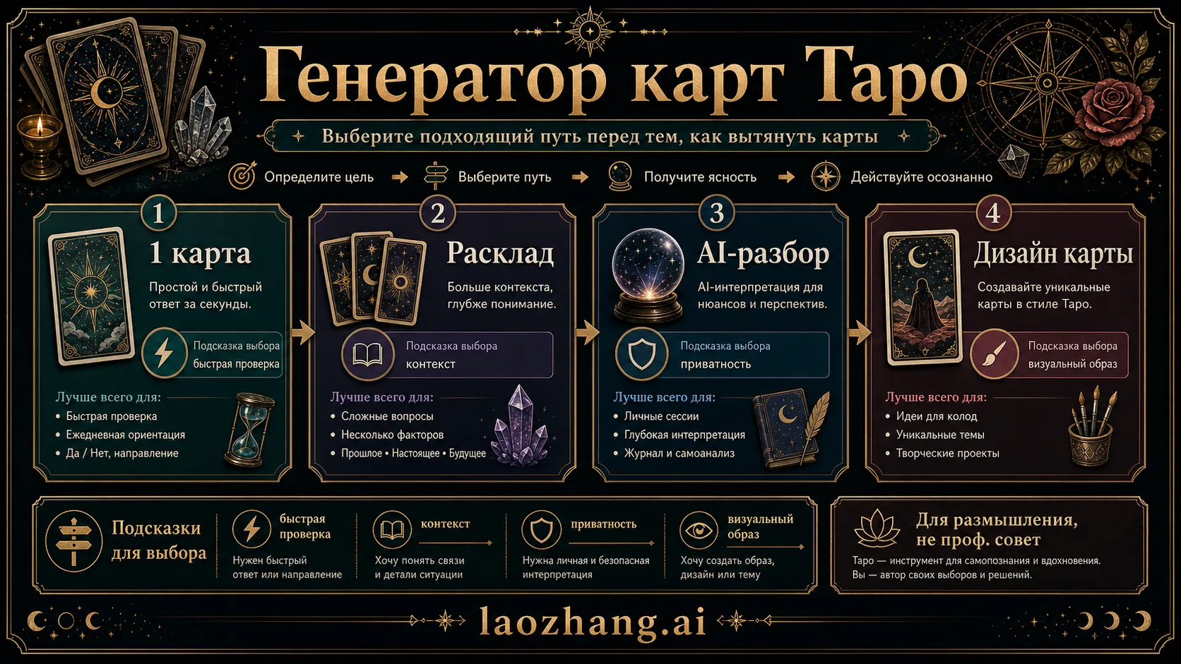 Схема выбора генератора карт Таро: одна карта, расклад, AI-разбор или карта-иллюстрация