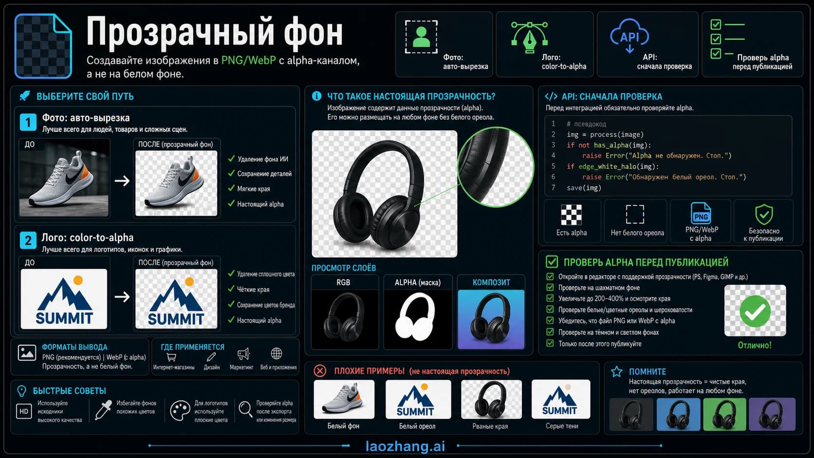 Карта выбора прозрачного PNG: auto cutout, color-to-alpha, API stop rule, edge repair and alpha check.