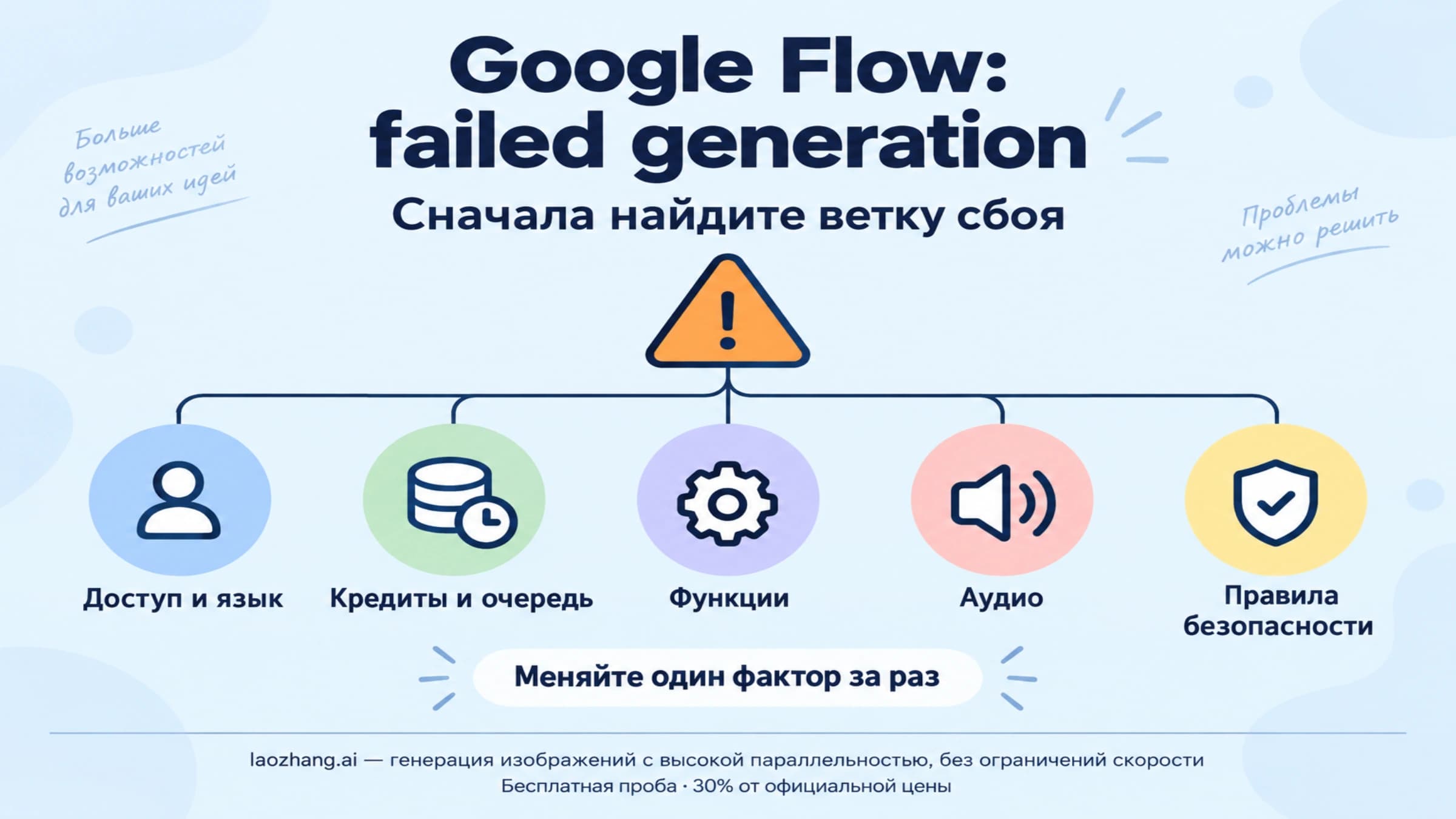 Пять веток диагностики failed generation в Google Flow: доступ, кредиты, функции, аудио и безопасность