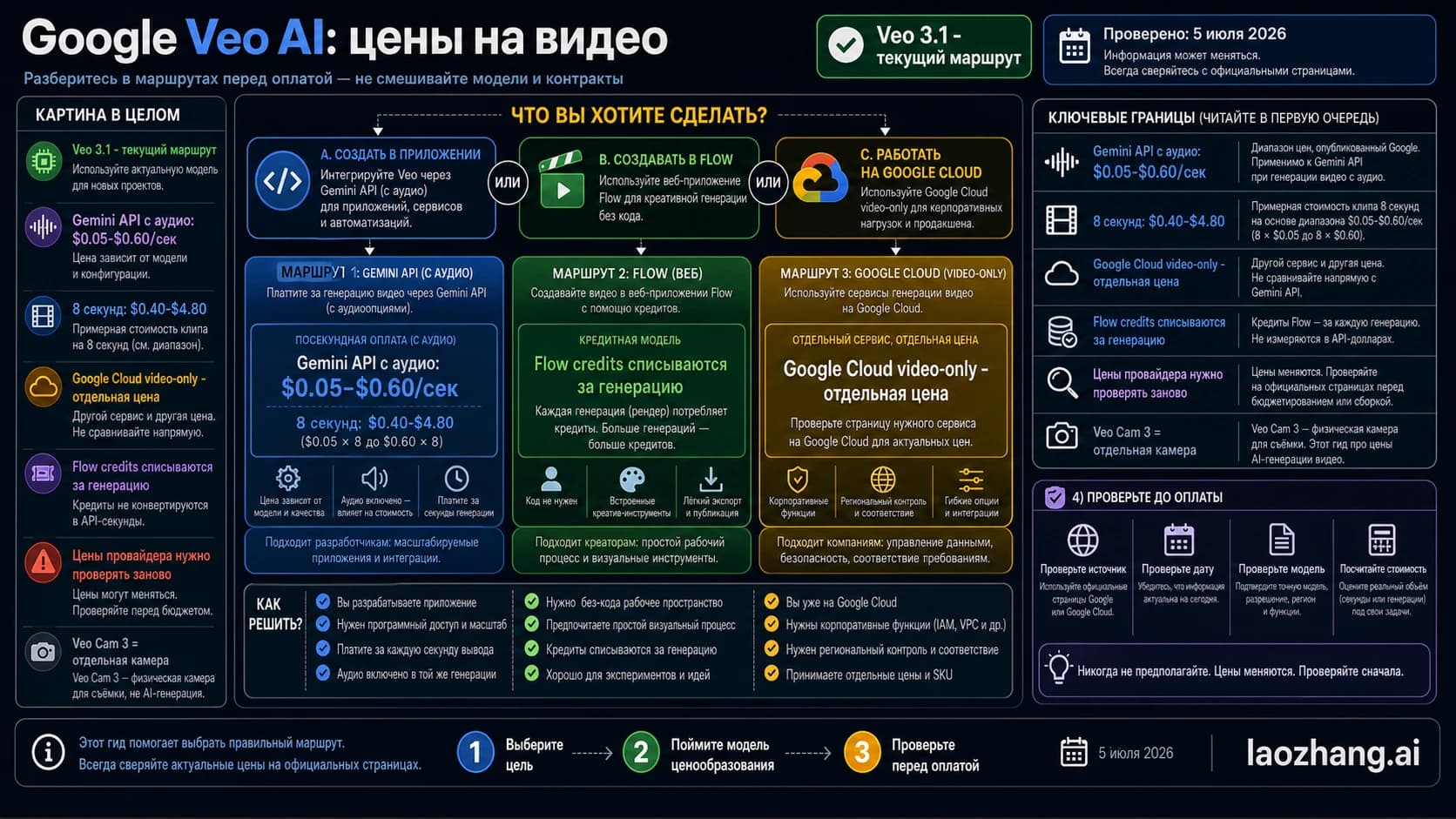 Маршрутная схема цен Google Veo AI video: Gemini API, кредиты Flow, Google Cloud video-only, проверка провайдера и аппаратный Veo Cam