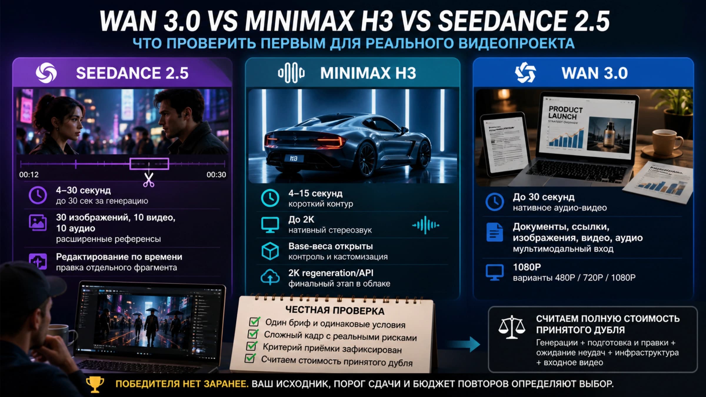 Обложка выбора между Wan 3.0, MiniMax H3 и Seedance 2.5 по условиям сдачи