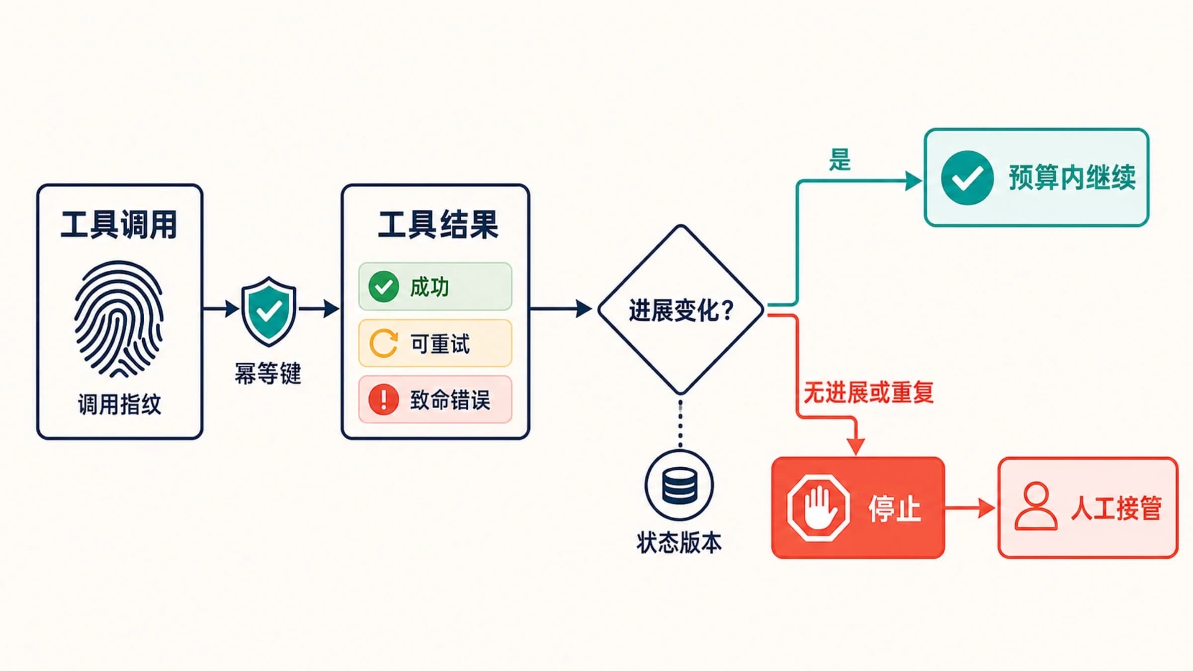 AI Agent 工具调用的循环防护与停止恢复流程示意图。