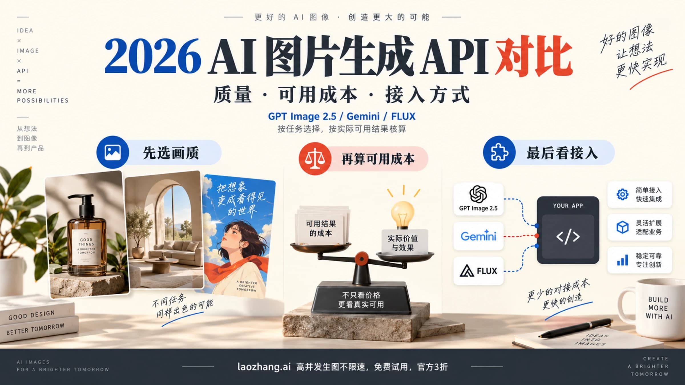 2026 AI 图片生成 API 对比概念图:从画质、可用结果成本和接入方式选择模型