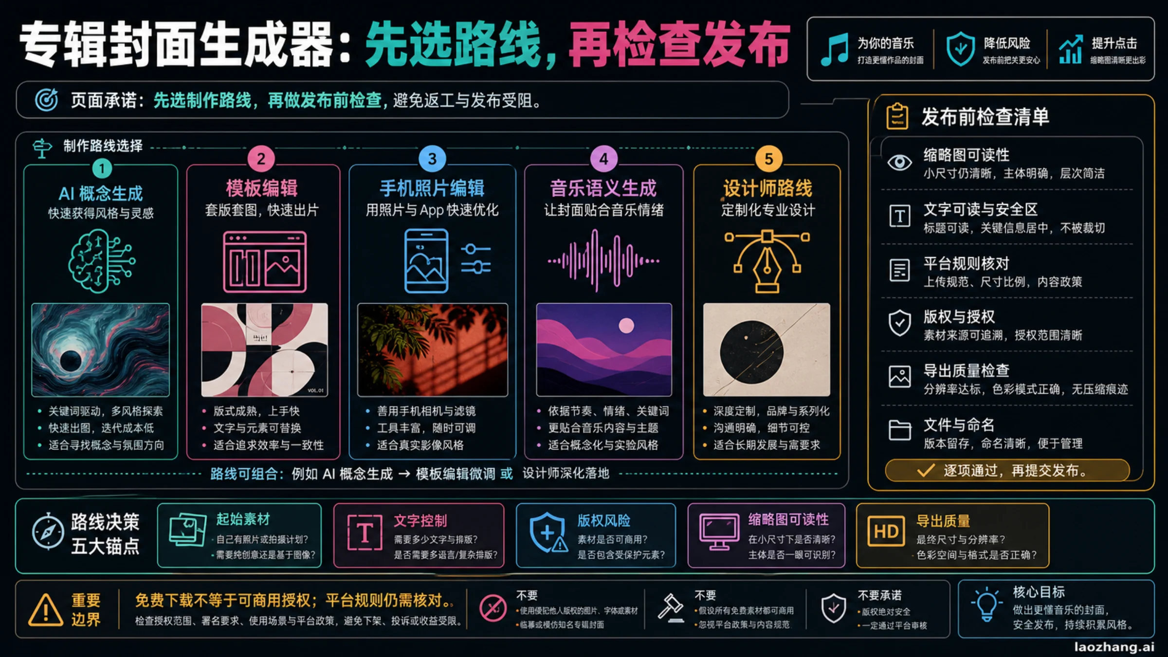 专辑封面生成路线图,比较 AI 概念、模板编辑、手机照片、音乐感知工具和设计师路线
