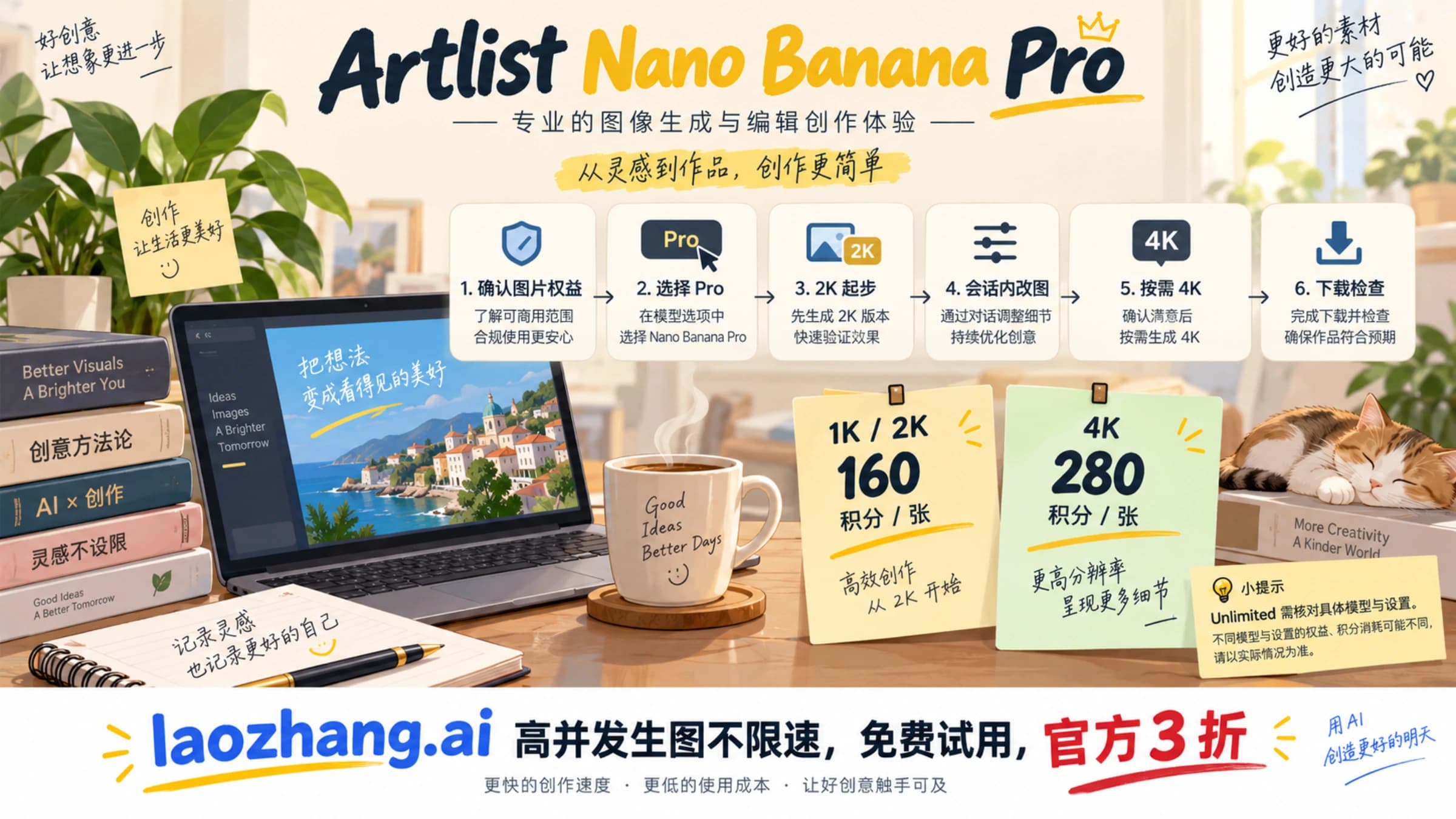 Artlist Nano Banana Pro 的图片权益、2K 起步与按需 4K 创作流程示意