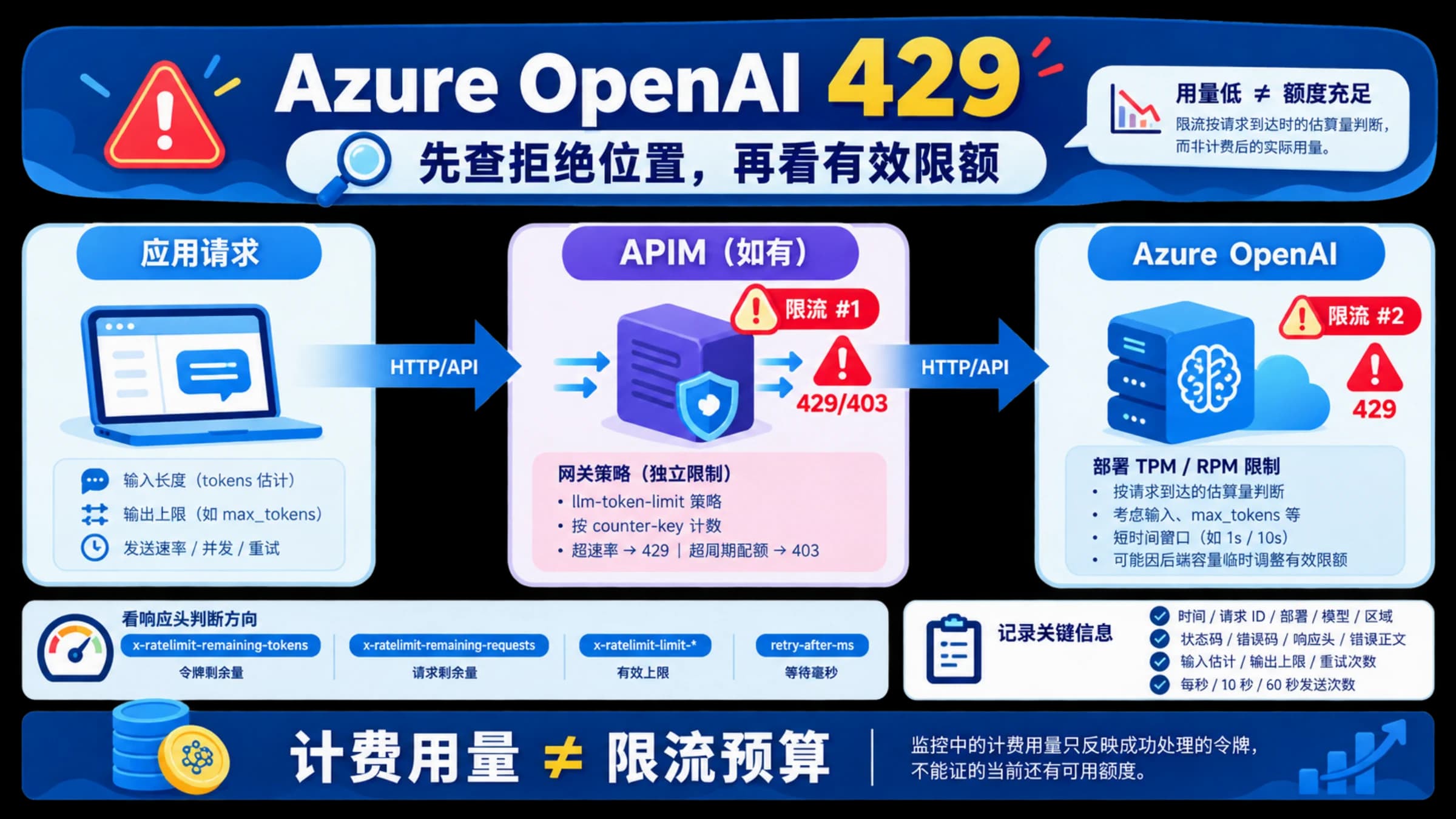 应用请求经过 APIM 和 Azure OpenAI 的调用链,提示先定位 429 拒绝位置,再核对有效限额