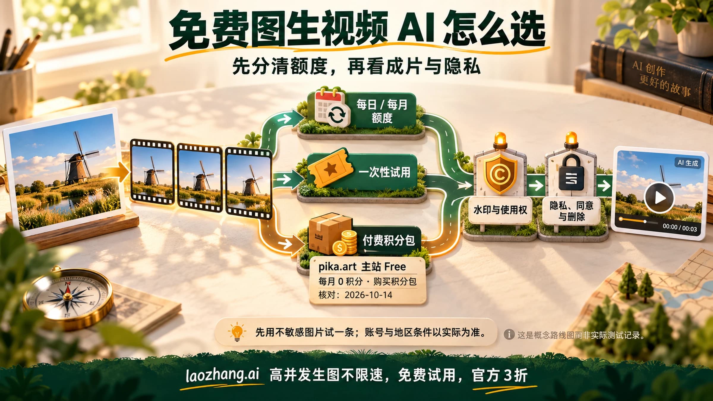 按免费合约选择图生视频 AI 的路线板,包含积分、水印和隐私检查