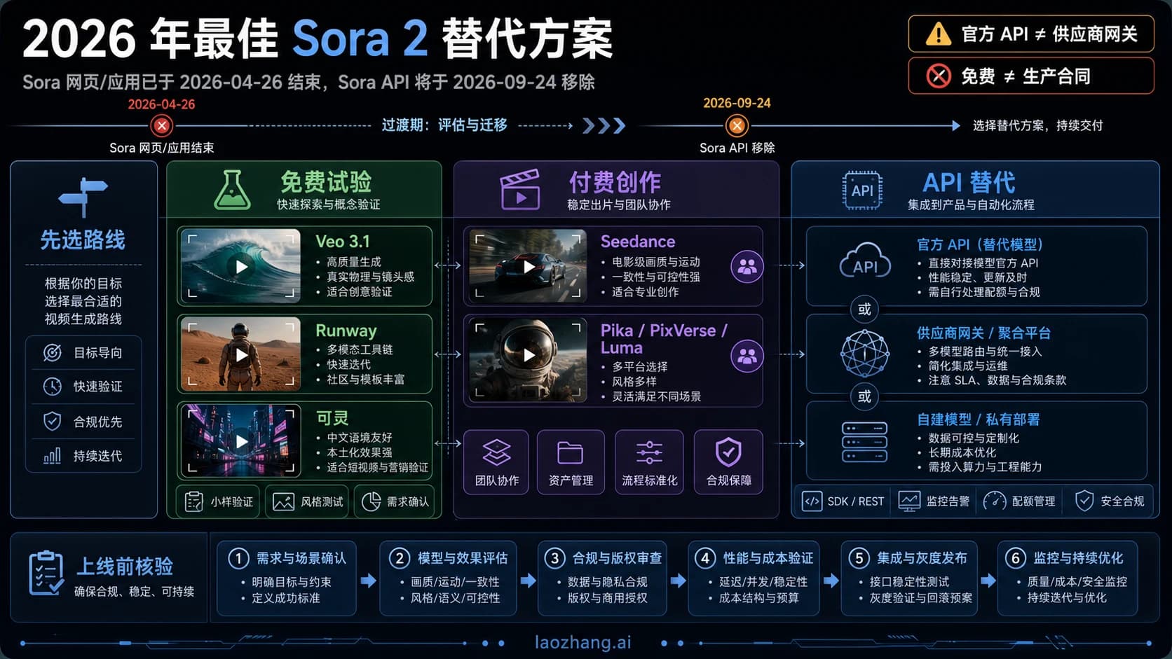 Sora 2 替代方案路线图,展示网页应用结束日期、API 移除日期、免费试用、付费创作、API 替代和上线前核验规则