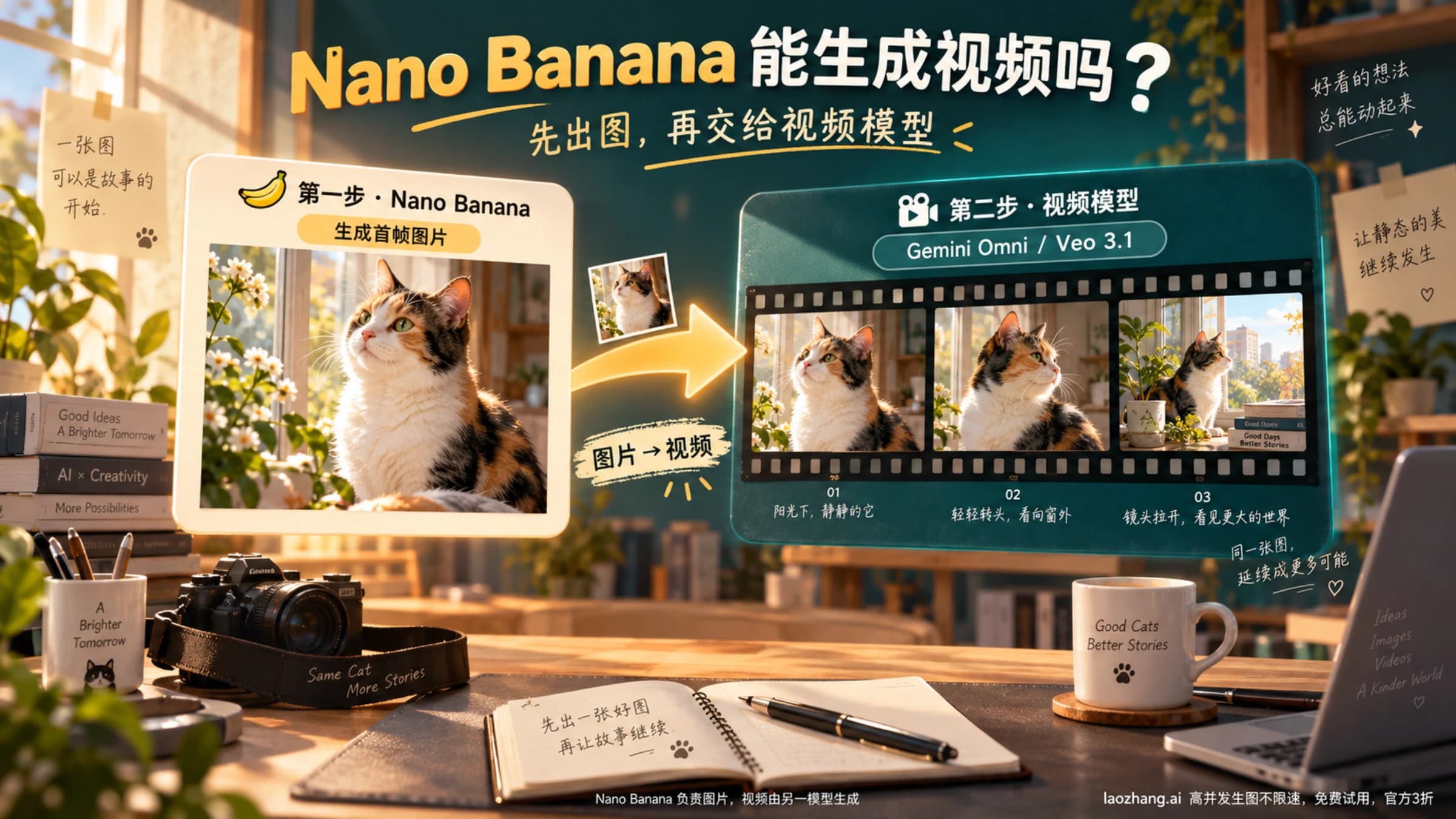 Nano Banana 负责生成首帧图片,Gemini Omni 或 Veo 3.1 负责把图片变成视频的两段式路线图