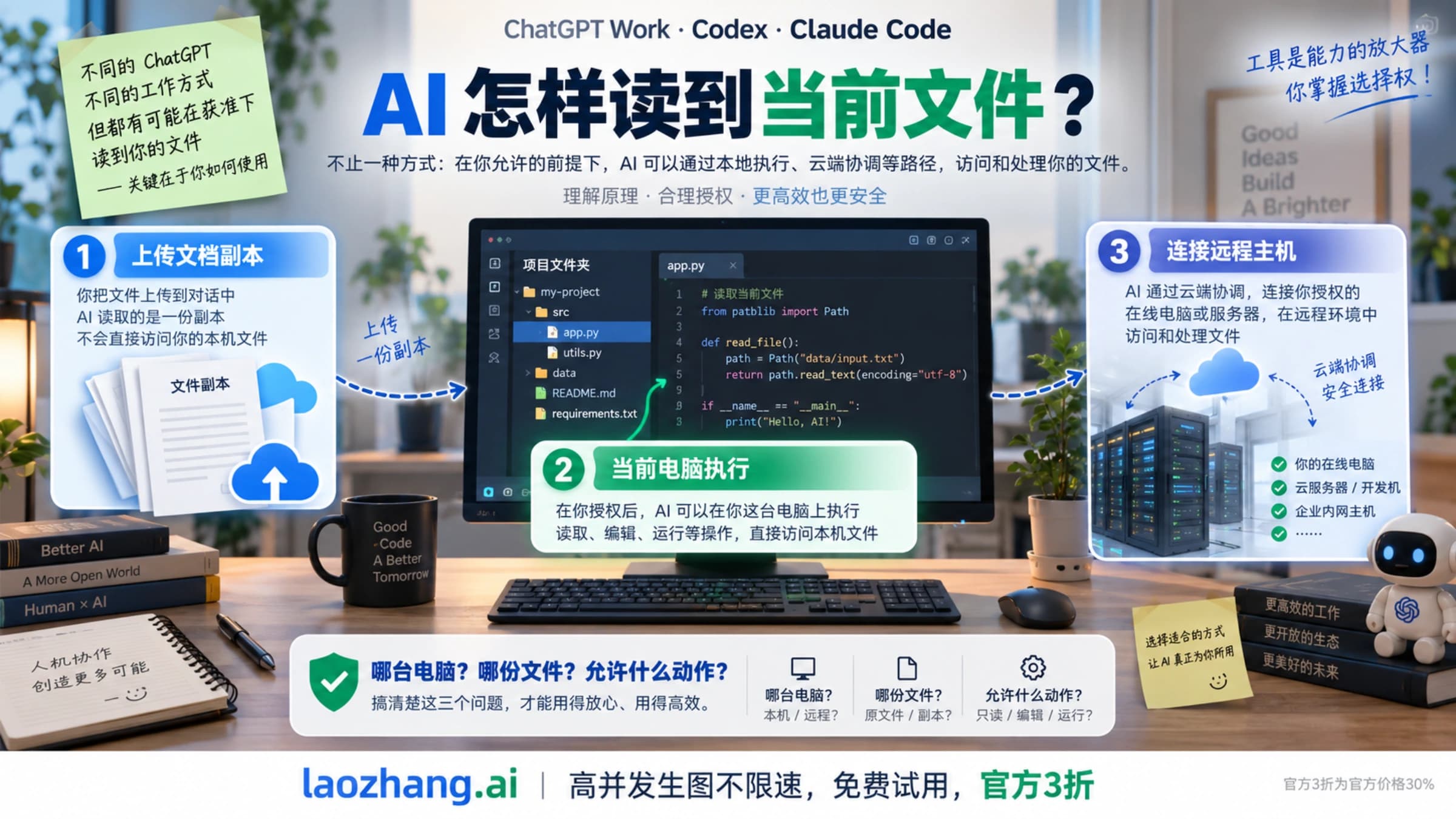 上传副本、当前电脑执行与远程主机三种文件入口的概念示意