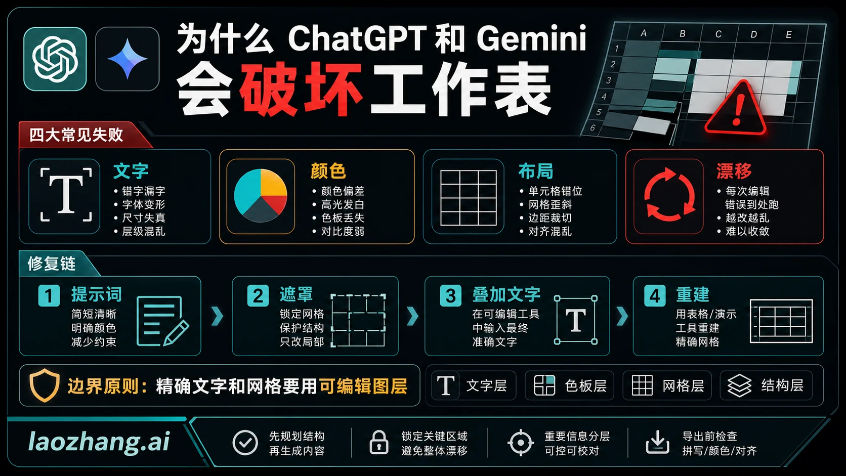ChatGPT 和 Gemini 图片生成破坏文字、颜色和工作表布局的原因与修复路径。