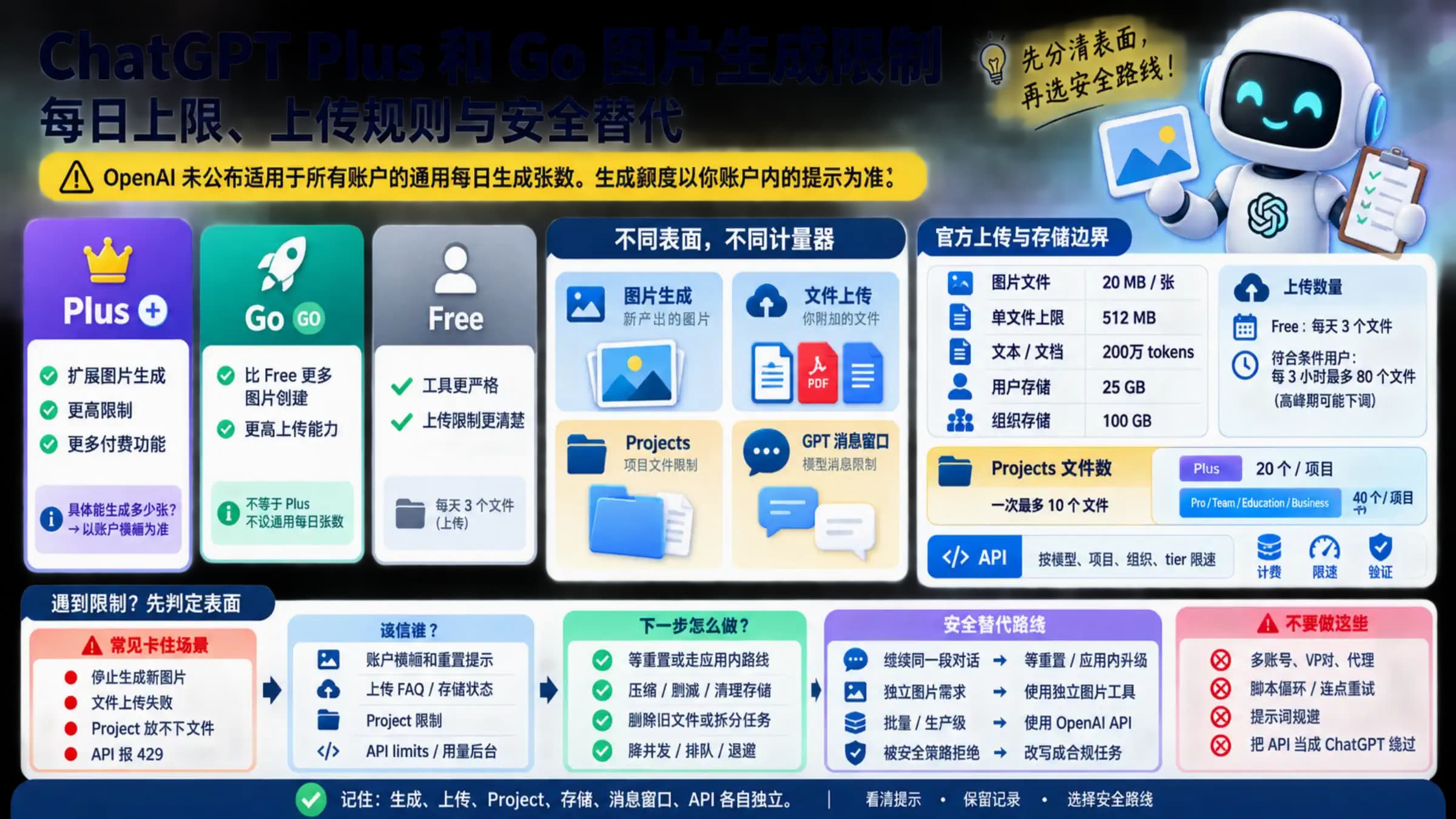 比较 ChatGPT Plus 和 Go 图片生成限制的信息板,区分官方上传上限、账户横幅重置、API 边界和安全替代路线