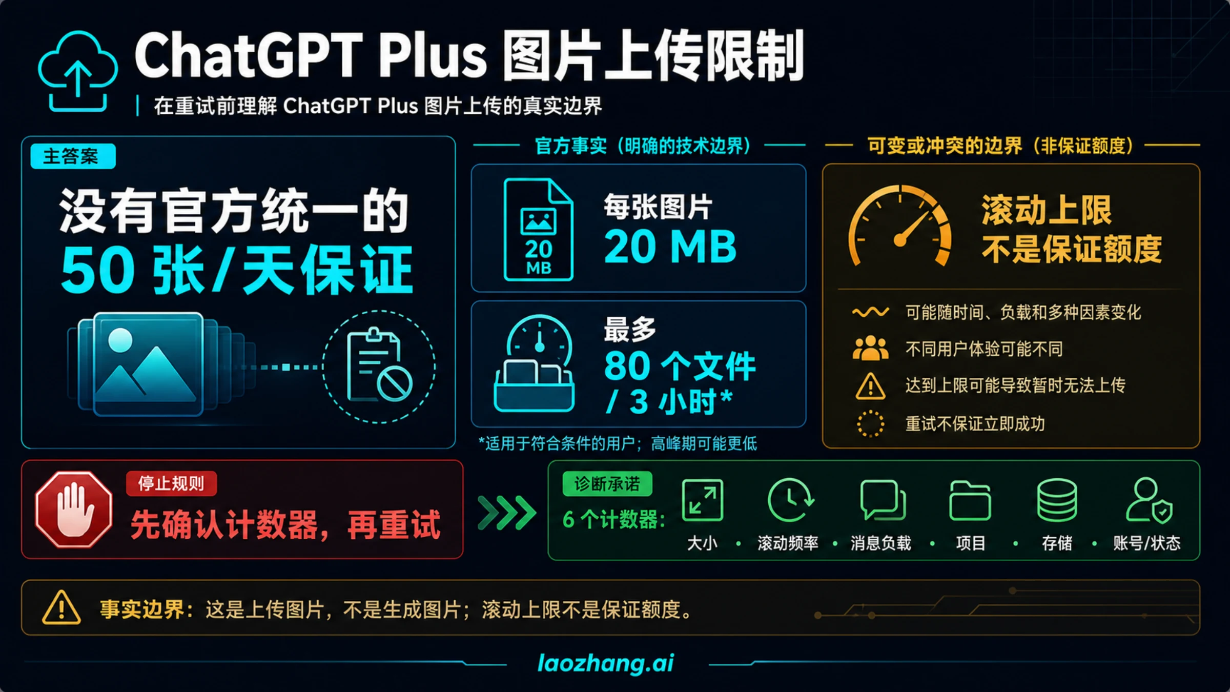 ChatGPT Plus 图片上传限制信息板,展示单图20MB、滚动文件上限和六类计数器