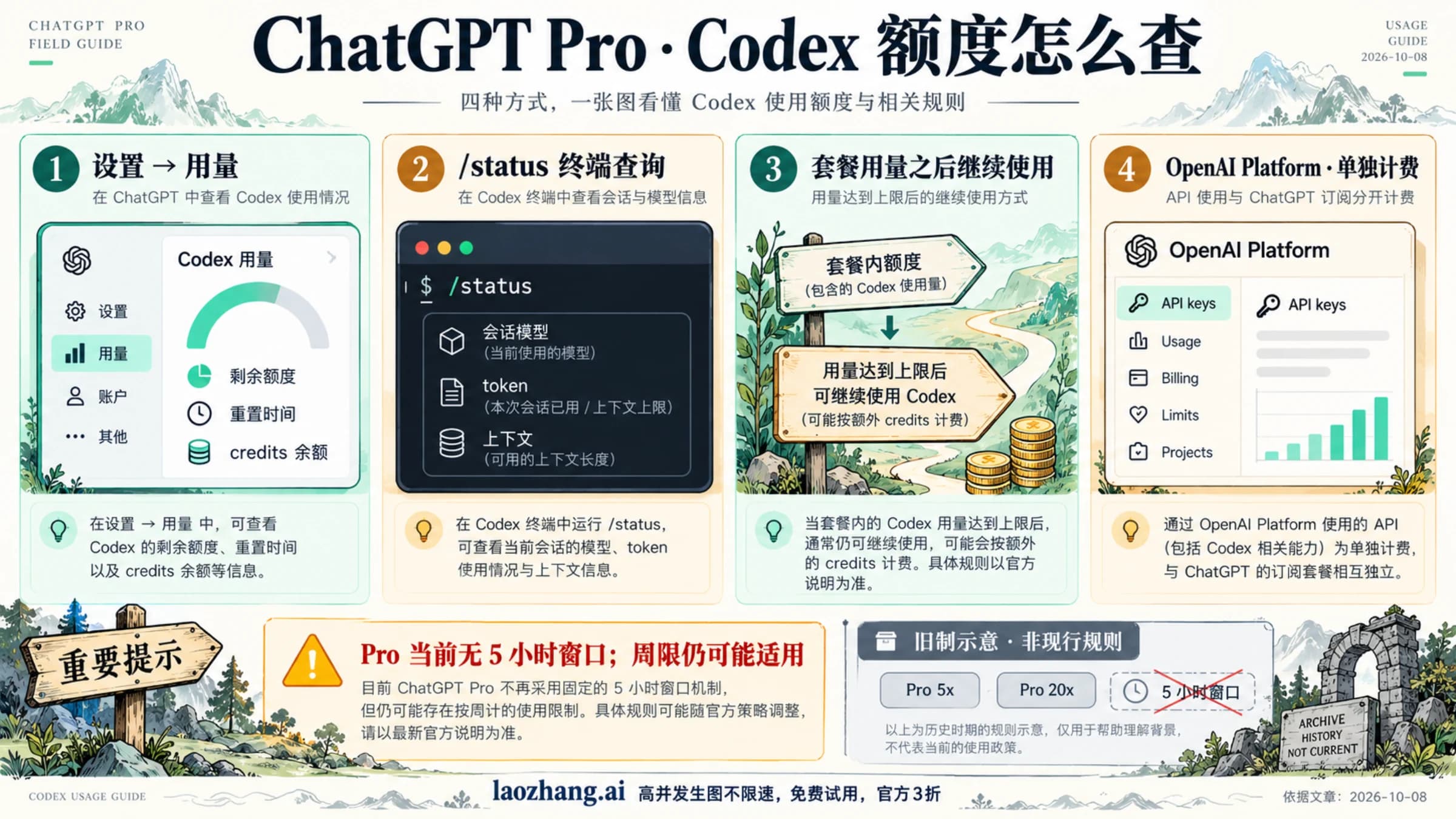 ChatGPT Pro Codex 额度检查信息板,展示用量面板、/status、credits 与 API key 分开计费等检查项