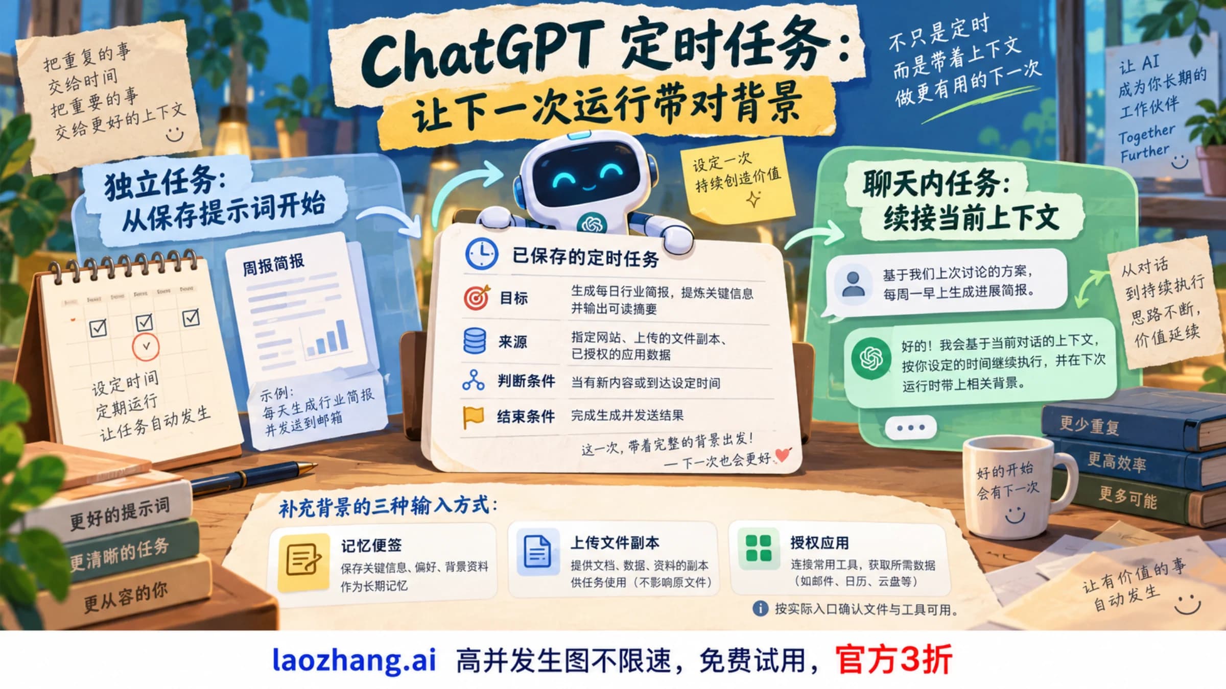 独立任务保存提示词与聊天内任务续接上下文的定时任务概念示意