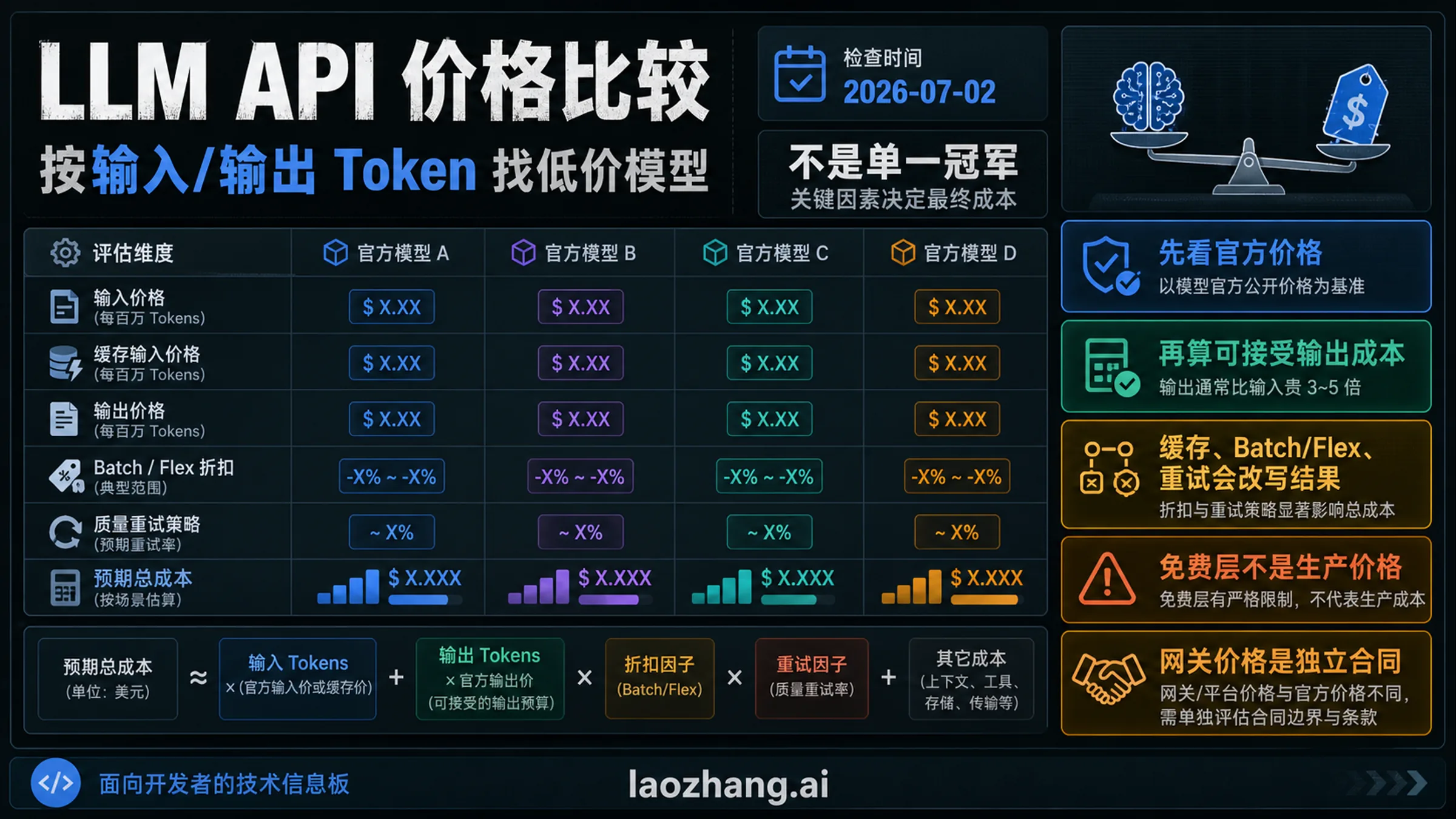 LLM API 价格比较技术信息板,展示输入输出 Token、缓存、Batch/Flex、重试和网关合同边界。