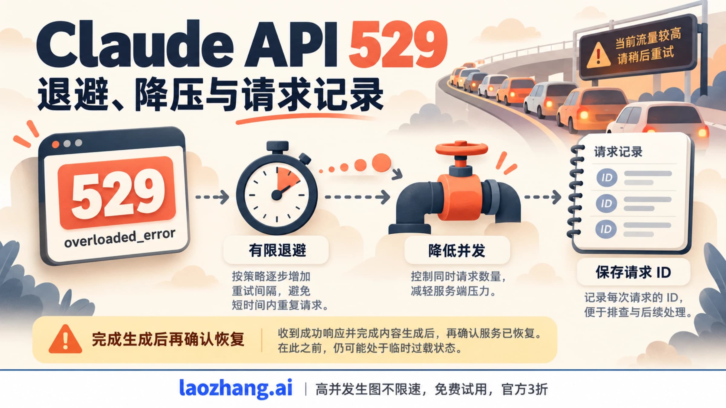 Claude API 529 过载的退避、降压和请求记录主题示意