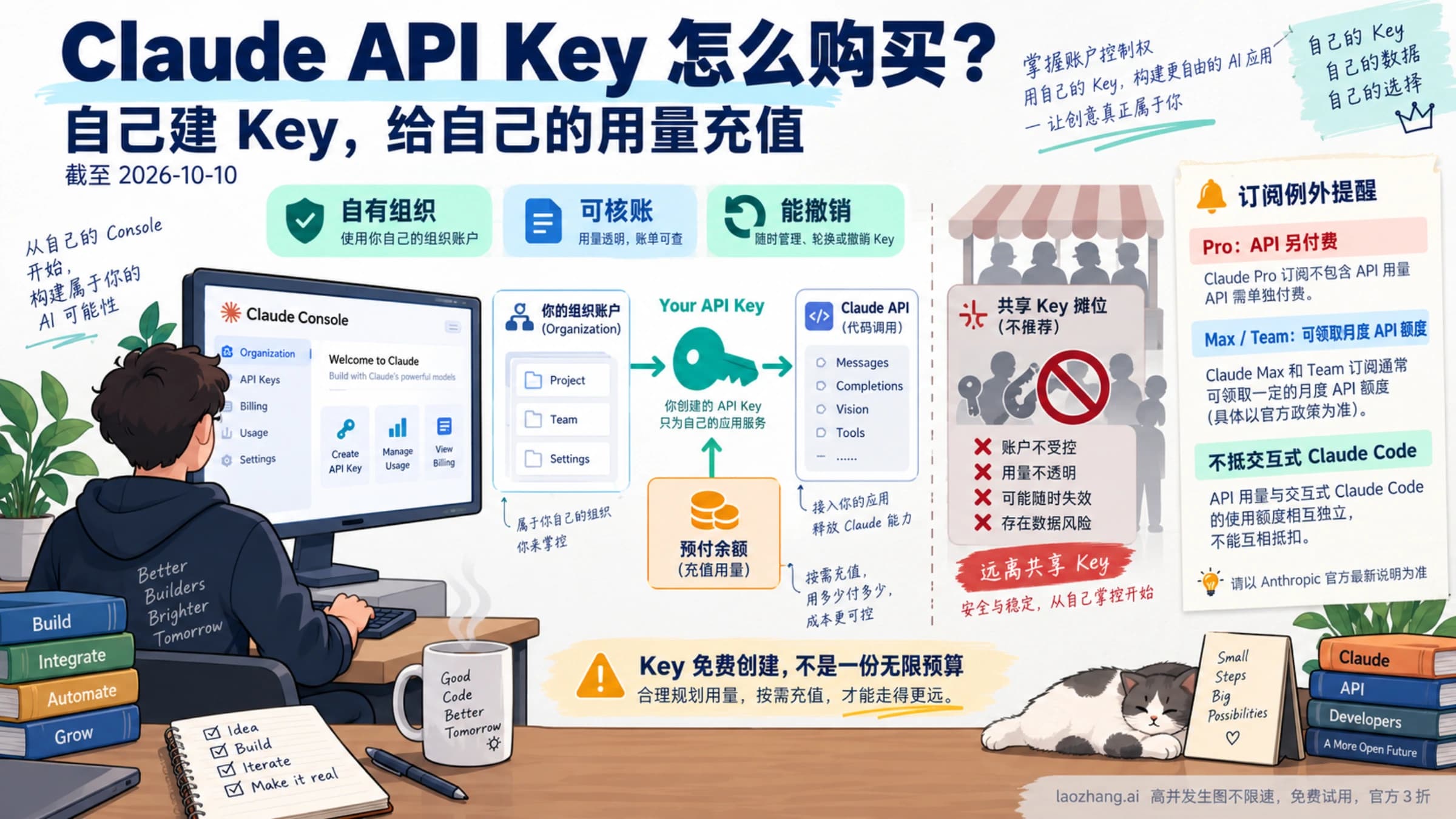 Claude API Key 自有账户概念图:在自己组织创建凭据并充值可核账可撤销的用量,Pro 另付 API,Max 和 Team 可领取月度 API 额度但不抵交互式 Claude Code