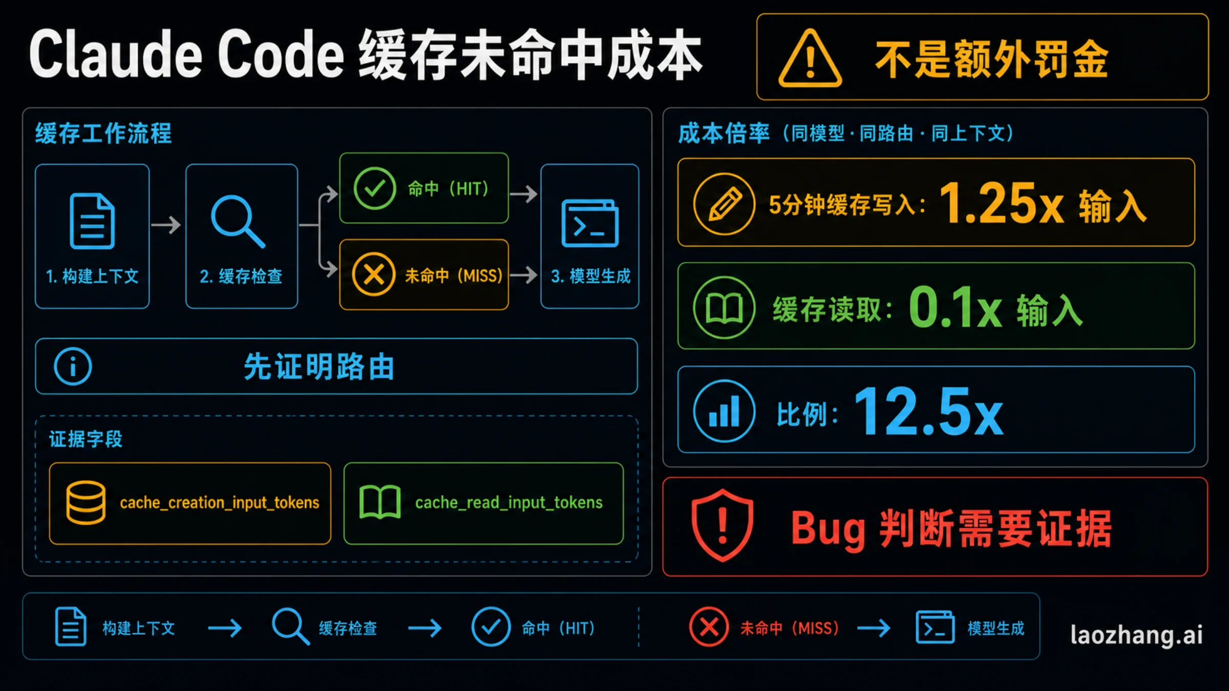 Claude Code 缓存未命中证据板,展示路线、写入读取倍率、缓存字段和停止规则