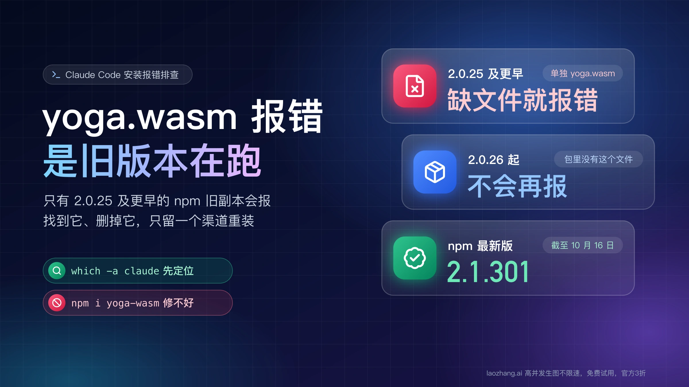 yoga.wasm 报错是旧版本在跑:2.0.25 及更早会报,2.0.26 起不再报,npm 最新版为 2.1.301