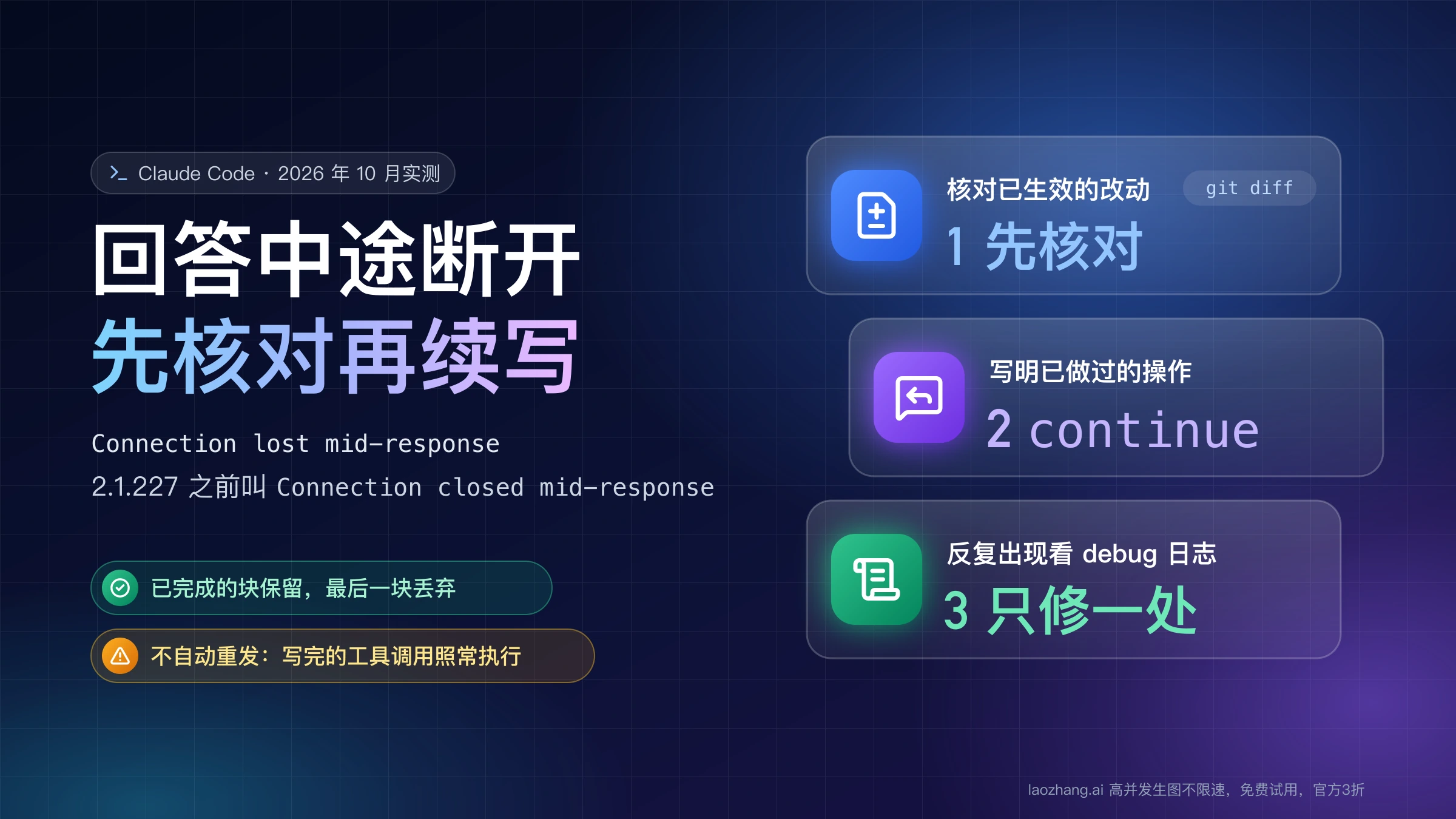 Claude Code 回答中途断开报 Connection lost mid-response 时的处理顺序:先核对改动,再回复 continue,反复出现看 debug 日志