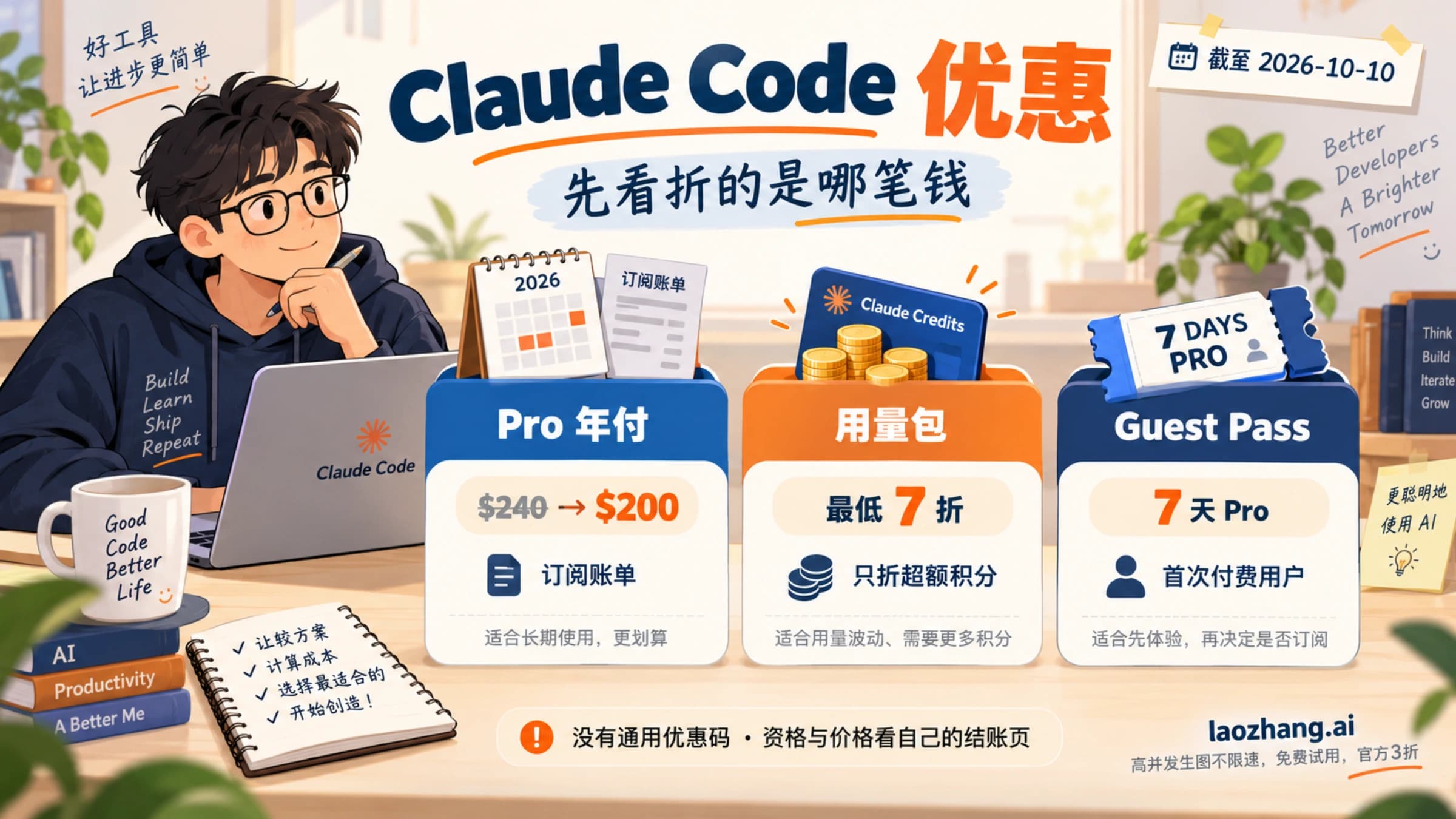 Claude Code 优惠概念图:Pro 年付降低订阅账单,用量包只折超额积分,Guest Pass 提供七天 Pro 体验