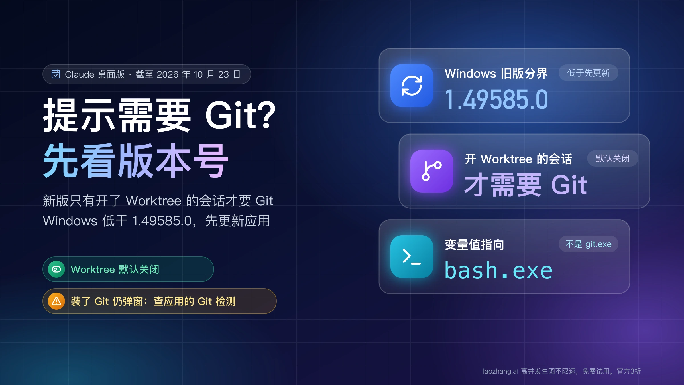 Claude 桌面版提示需要 Git 时先看版本号:Windows 低于 1.49585.0 先更新,新版只有 Worktree 会话才要 Git,变量值指向 bash.exe