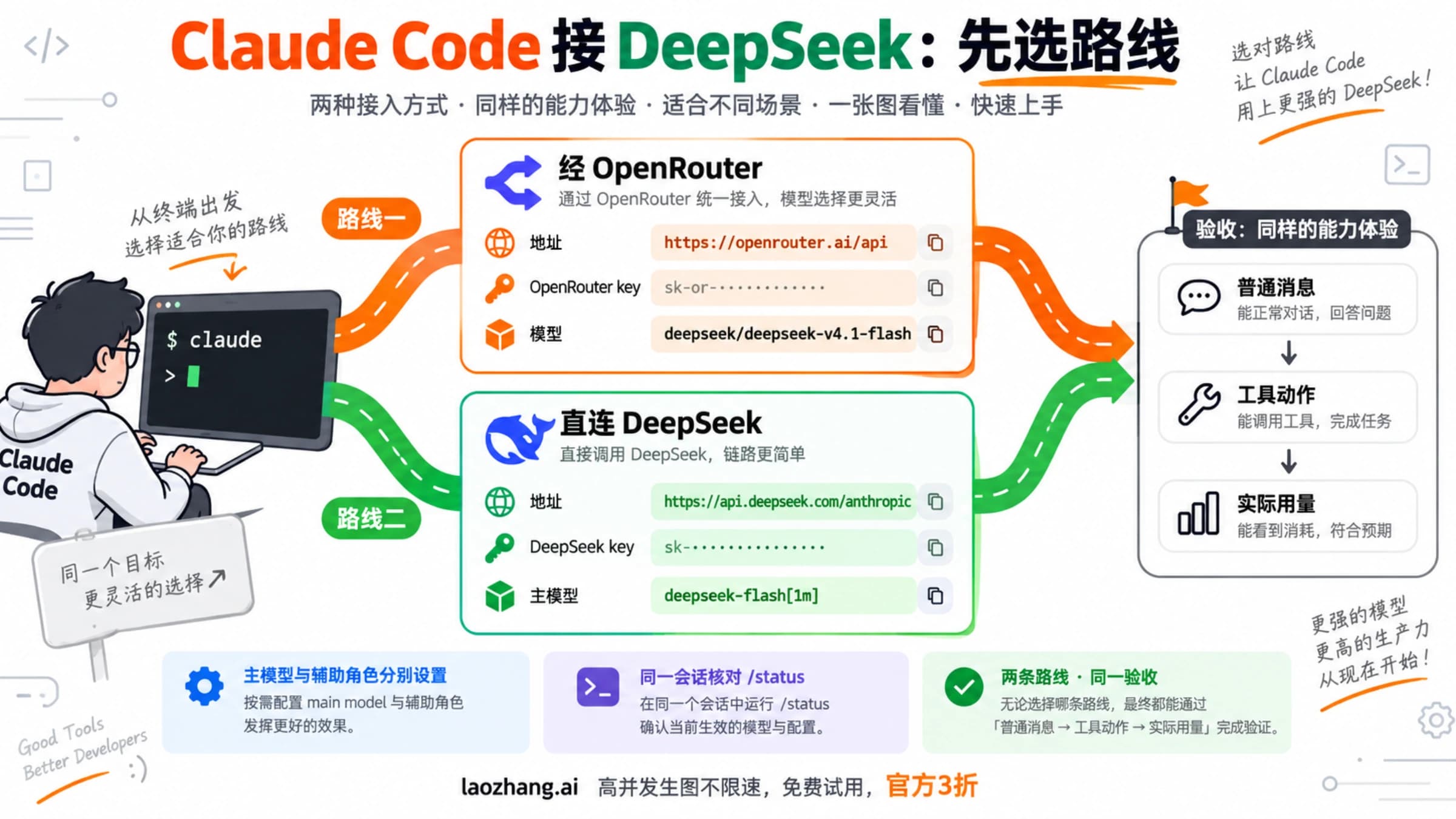 Claude Code 经 OpenRouter 或直接连接 DeepSeek 时的地址、凭据和模型选择示意。