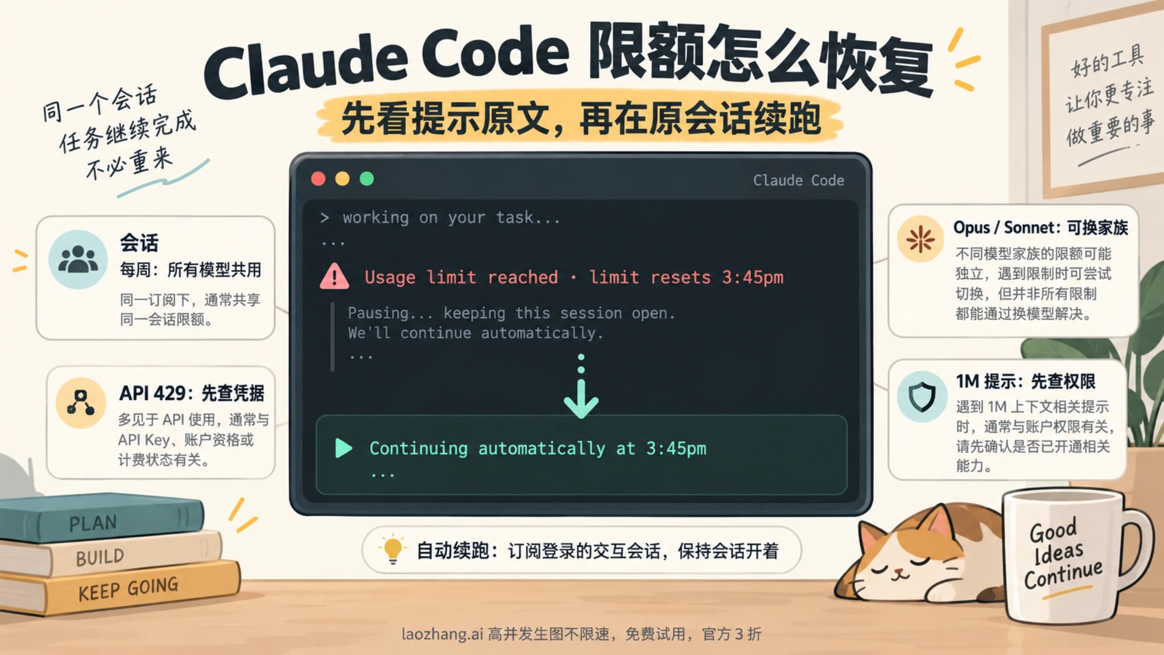 Claude Code 限额恢复示意:识别共享额度、模型家族、API 429 与 1M 权限,在订阅交互原会话里等待续跑