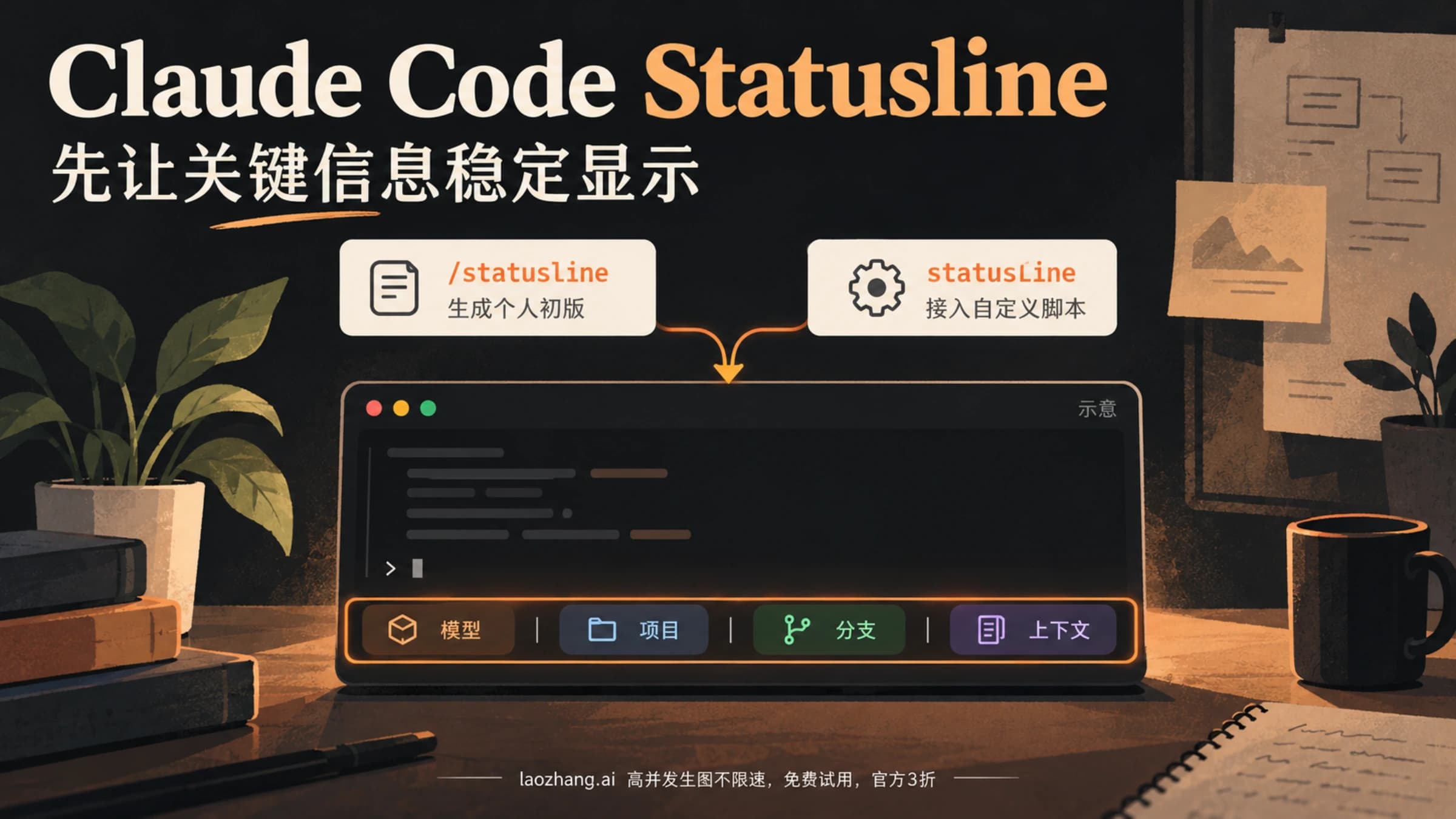 Claude Code 状态栏快速生成与手动脚本接入的概念预览