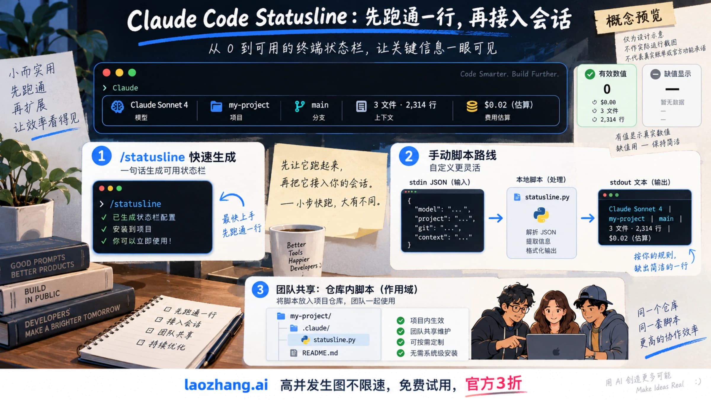 Claude Code 状态栏快速生成与手动脚本接入的概念预览