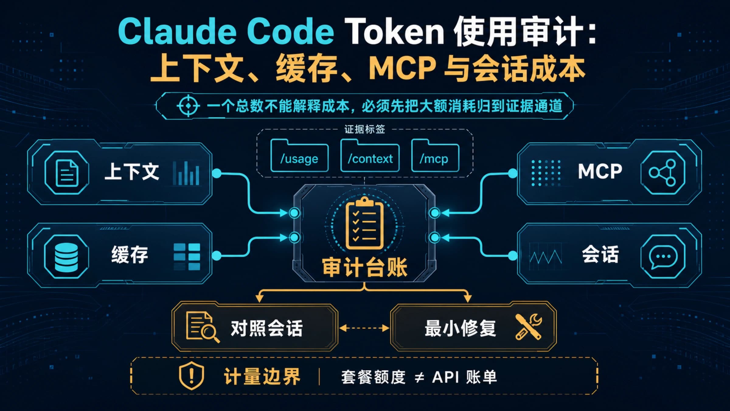 Claude Code Token 审计板,分为上下文、缓存、MCP 和会话成本四条通道
