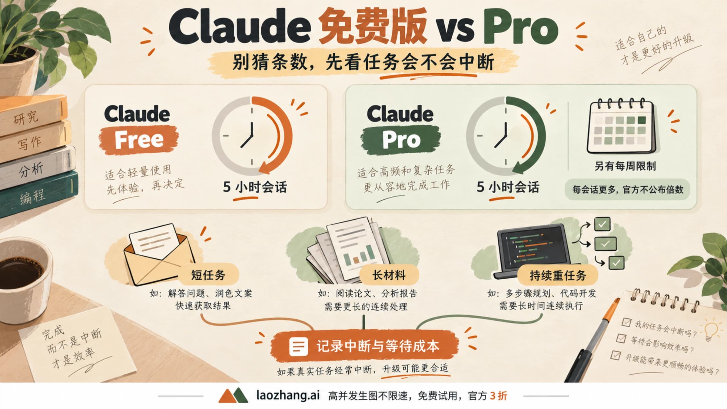 Claude 免费版与 Pro 用量对比:5 小时会话、周限制与三项任务判断
