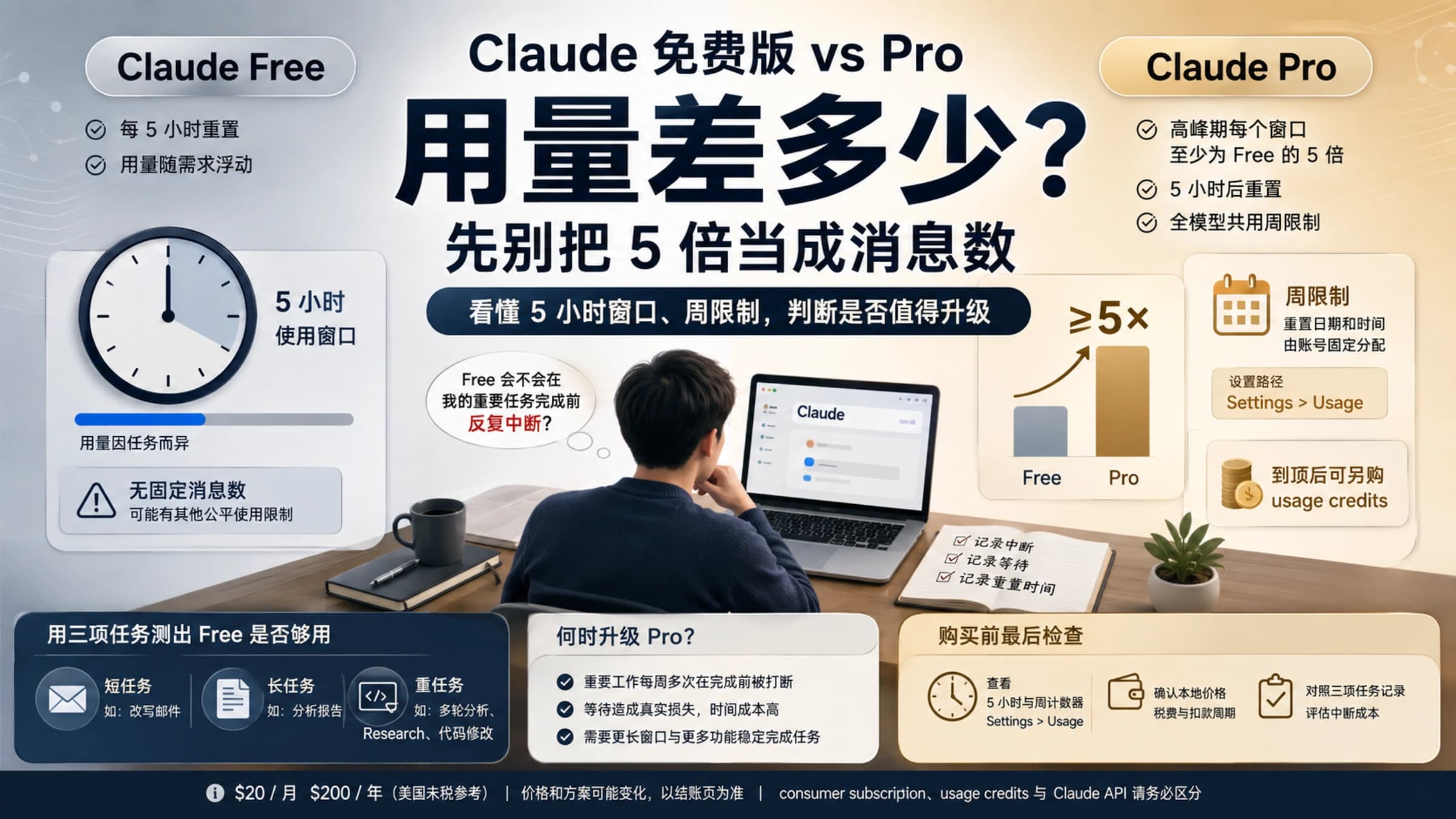 Claude 免费版与 Pro 动态用量判断示意