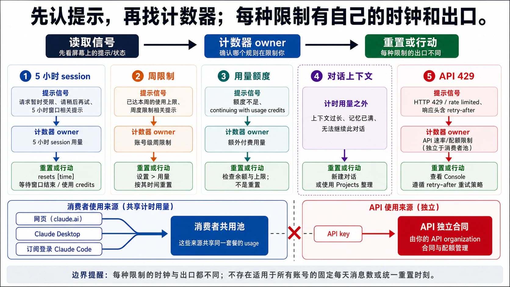 Claude 限制诊断图:由提示文字区分 5 小时、周限制、用量额度、上下文和 API