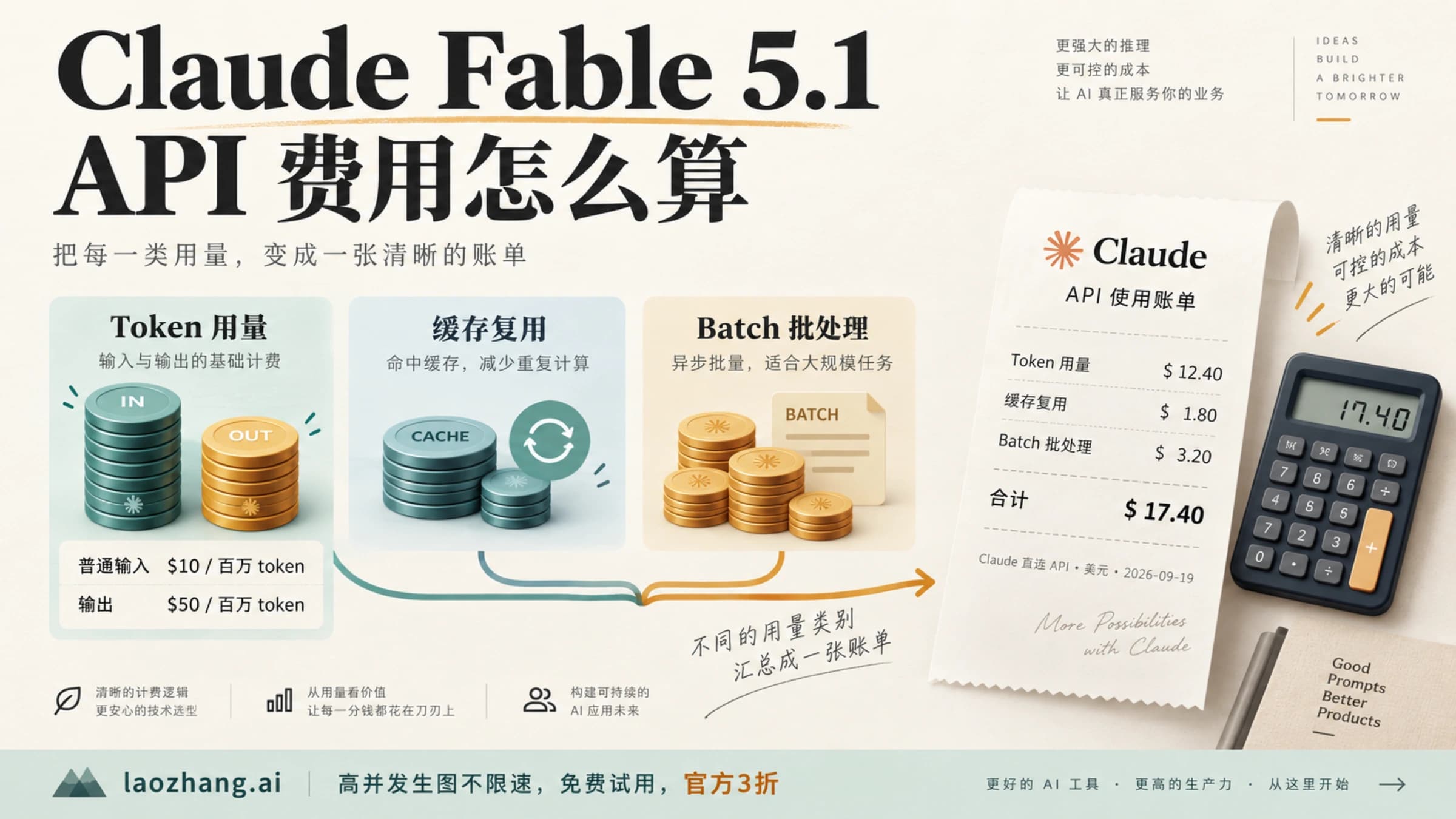 Claude Fable 5.1 API 费用核算示意,展示 token、缓存与批处理