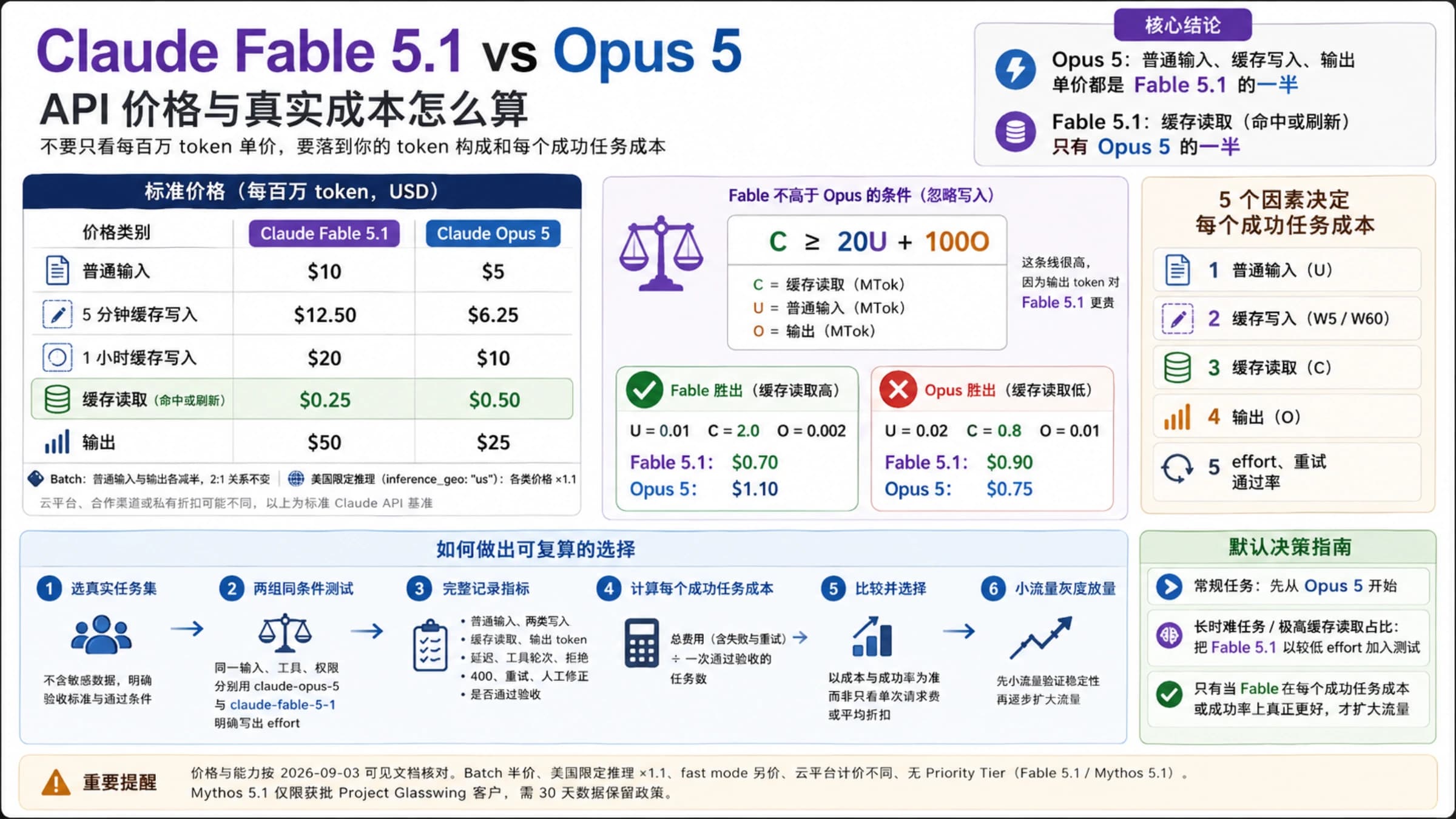 Claude Fable 5.1 与 Opus 5 成本选择图,区分普通输入、缓存读写、输出和每个成功任务成本