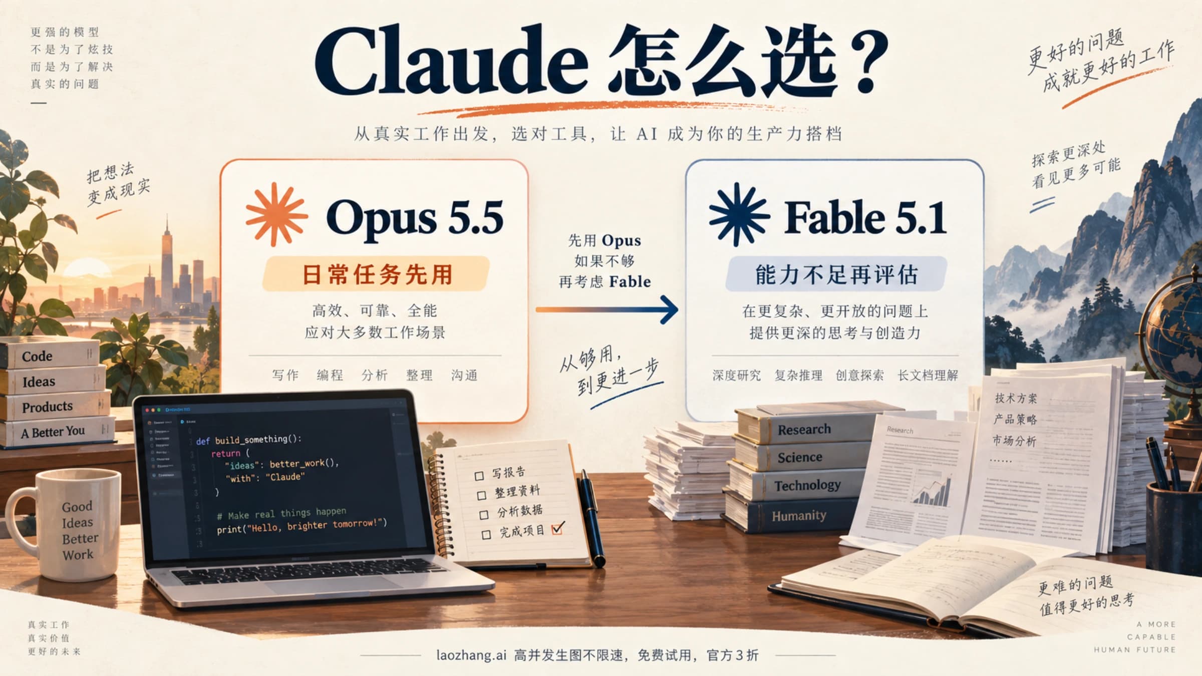 Claude Opus 5.5 与 Fable 5.1 的代码、研究和文档任务选型示意