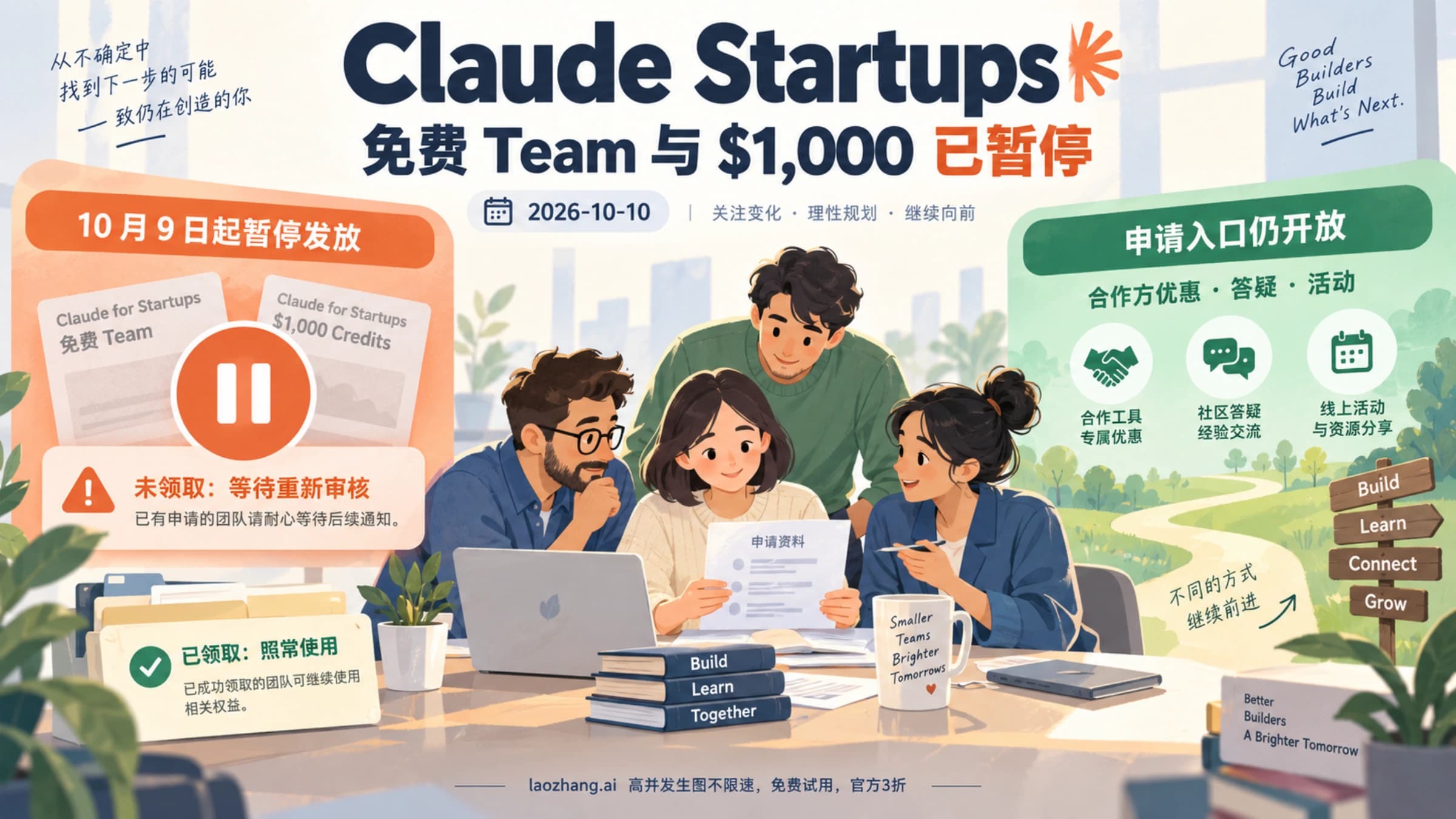 Claude Startups 权益暂停后的概念图:免费 Team 与一千美元 API 额度暂停发放,未领取者等待重审,已领取者继续使用,申请入口及合作方优惠和答疑仍开放