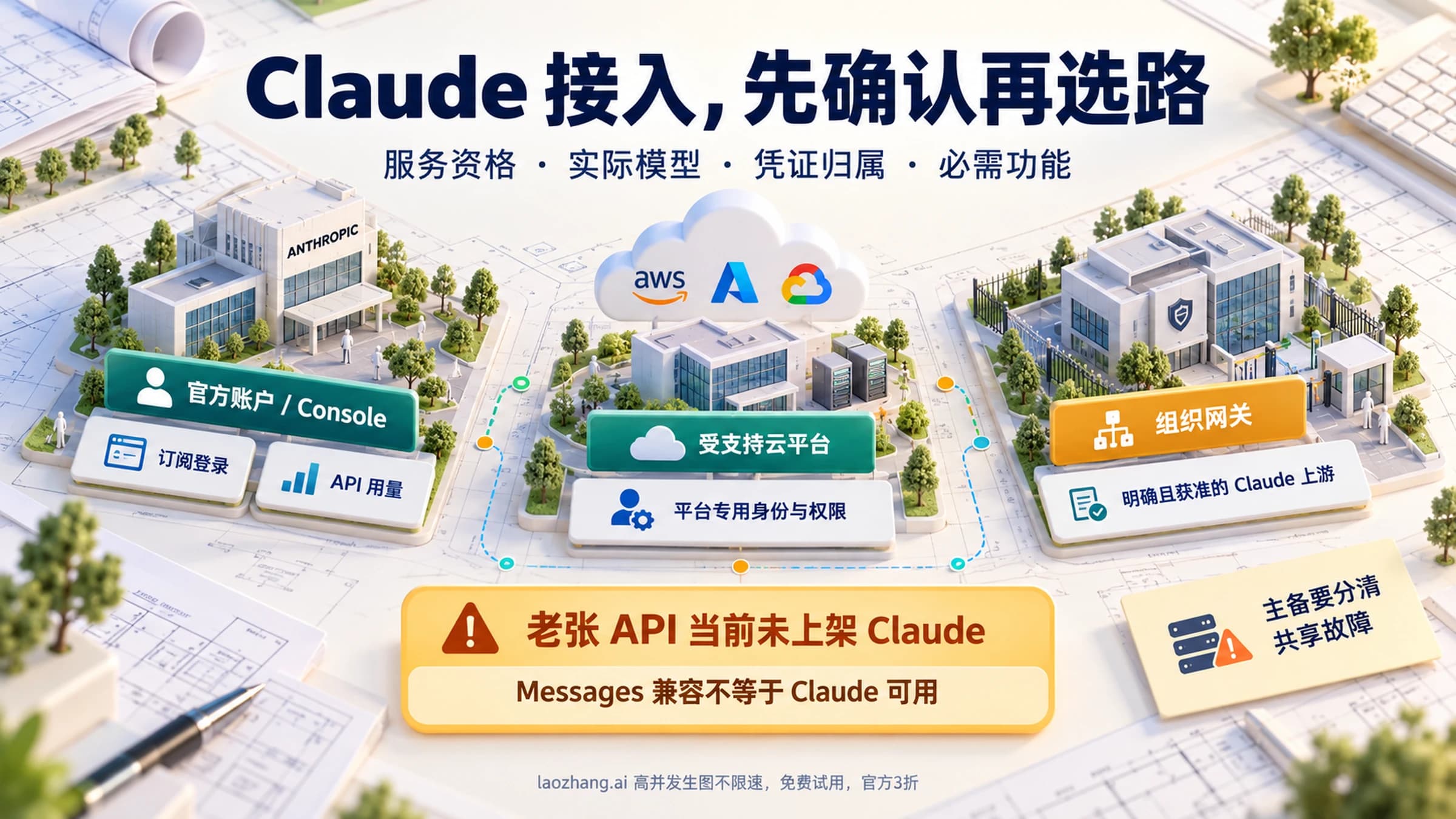 Claude 直连、云平台与兼容网关的接入选择示意