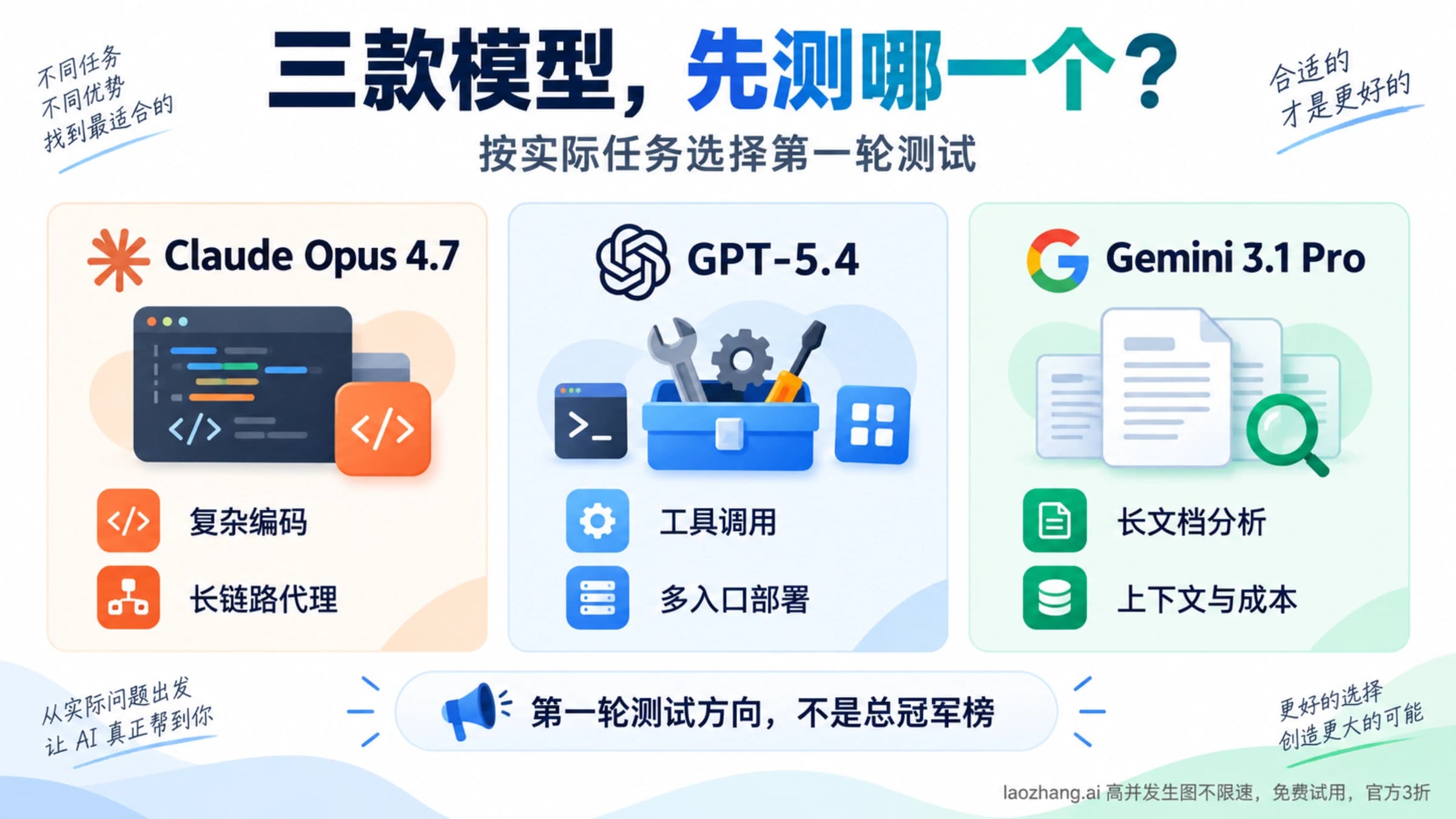 三款模型按复杂编码、工具流程与长文档任务选择第一轮测试