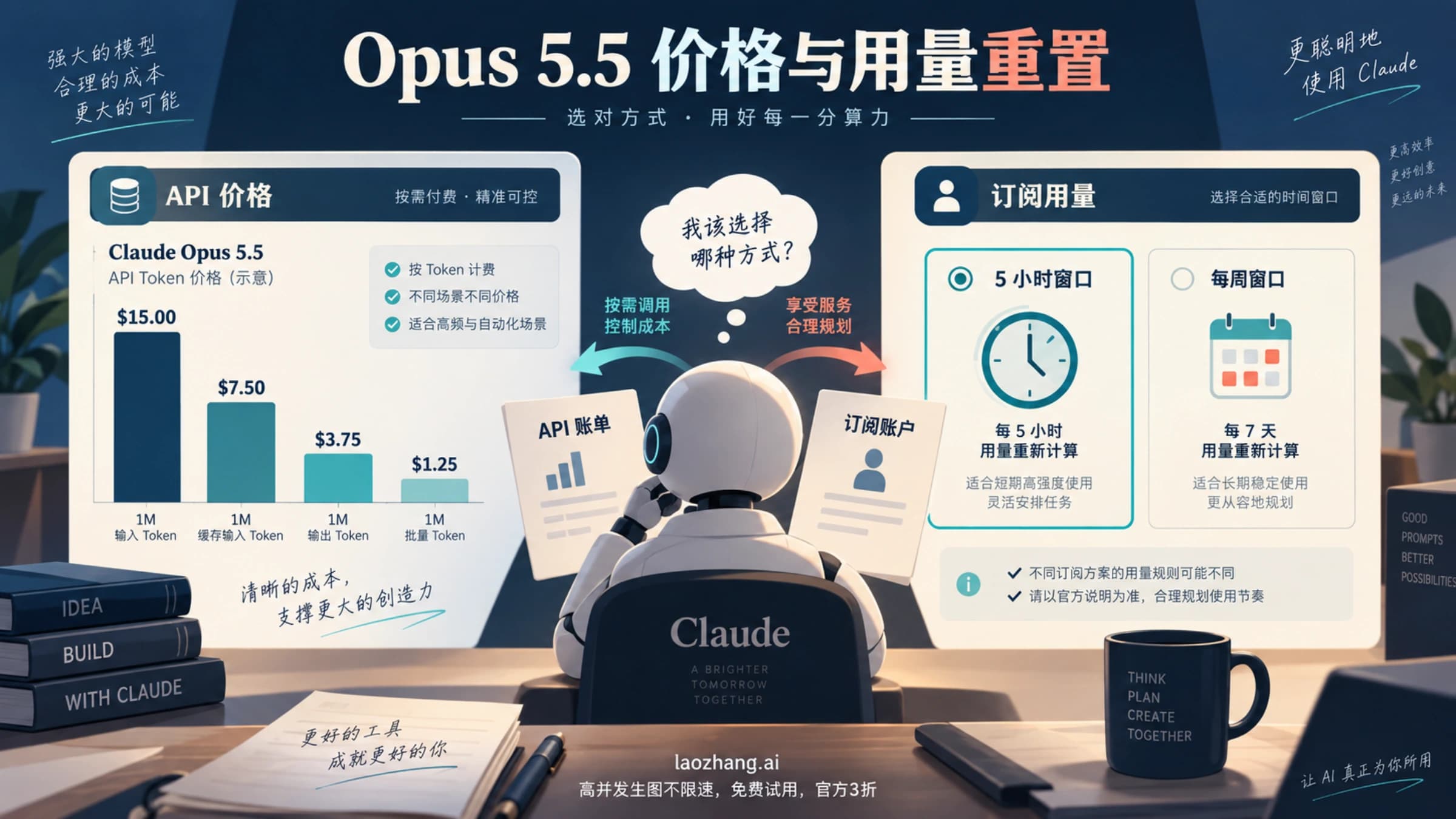 将 Opus 5.5 API 按 token 计价与 Claude 订阅用量重置分开的概念图